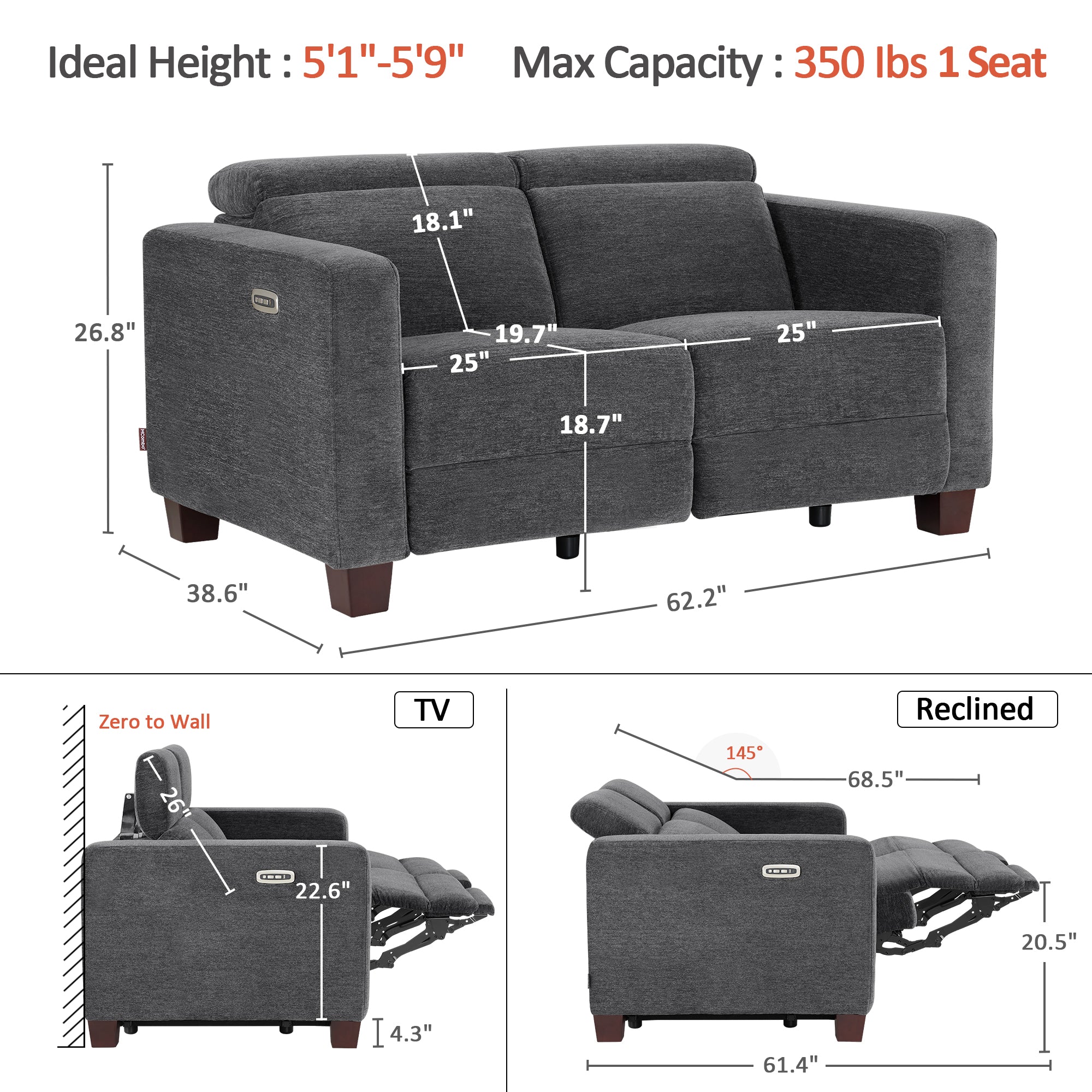 Zero Wall Power Reclining Sofa, Fabric HL198M2|HL198M3