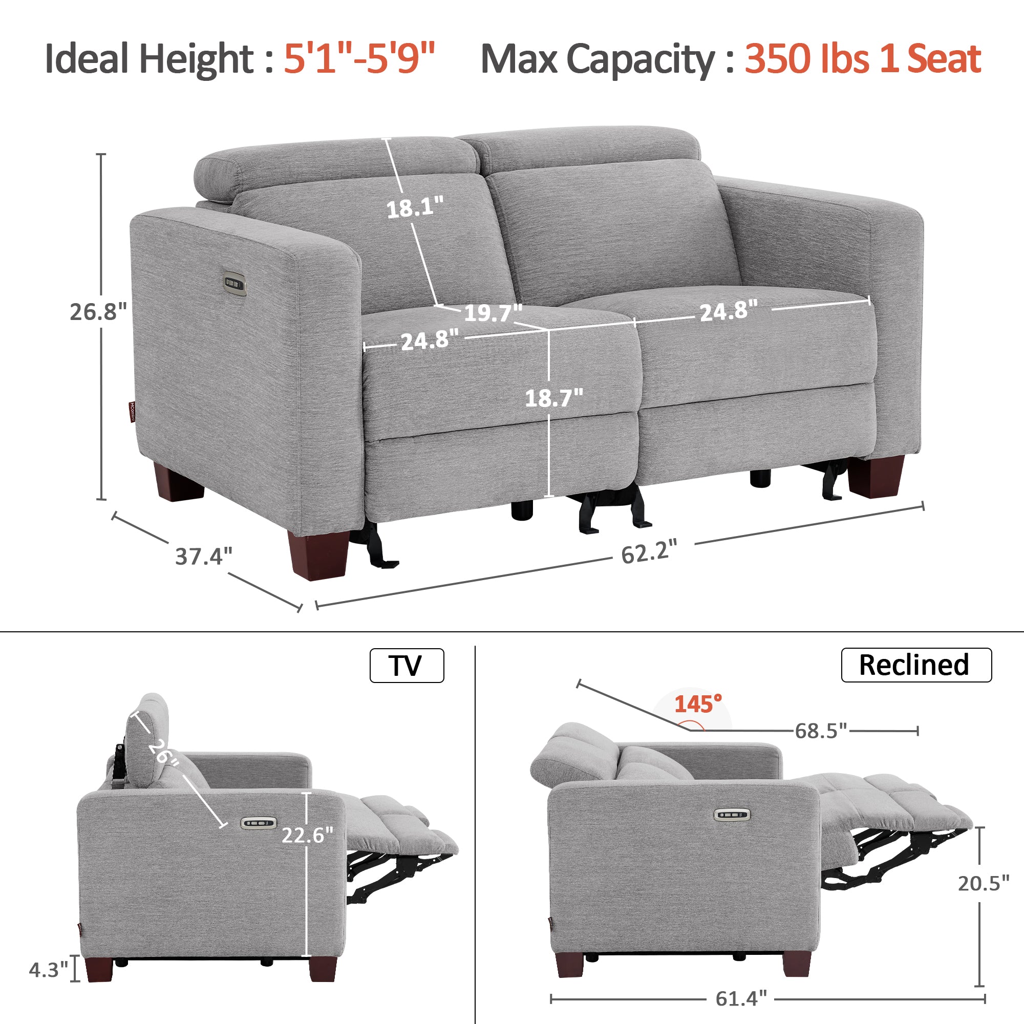 High Leg Reclining Loveseat with Adjustable Headrest, Fabric HL198