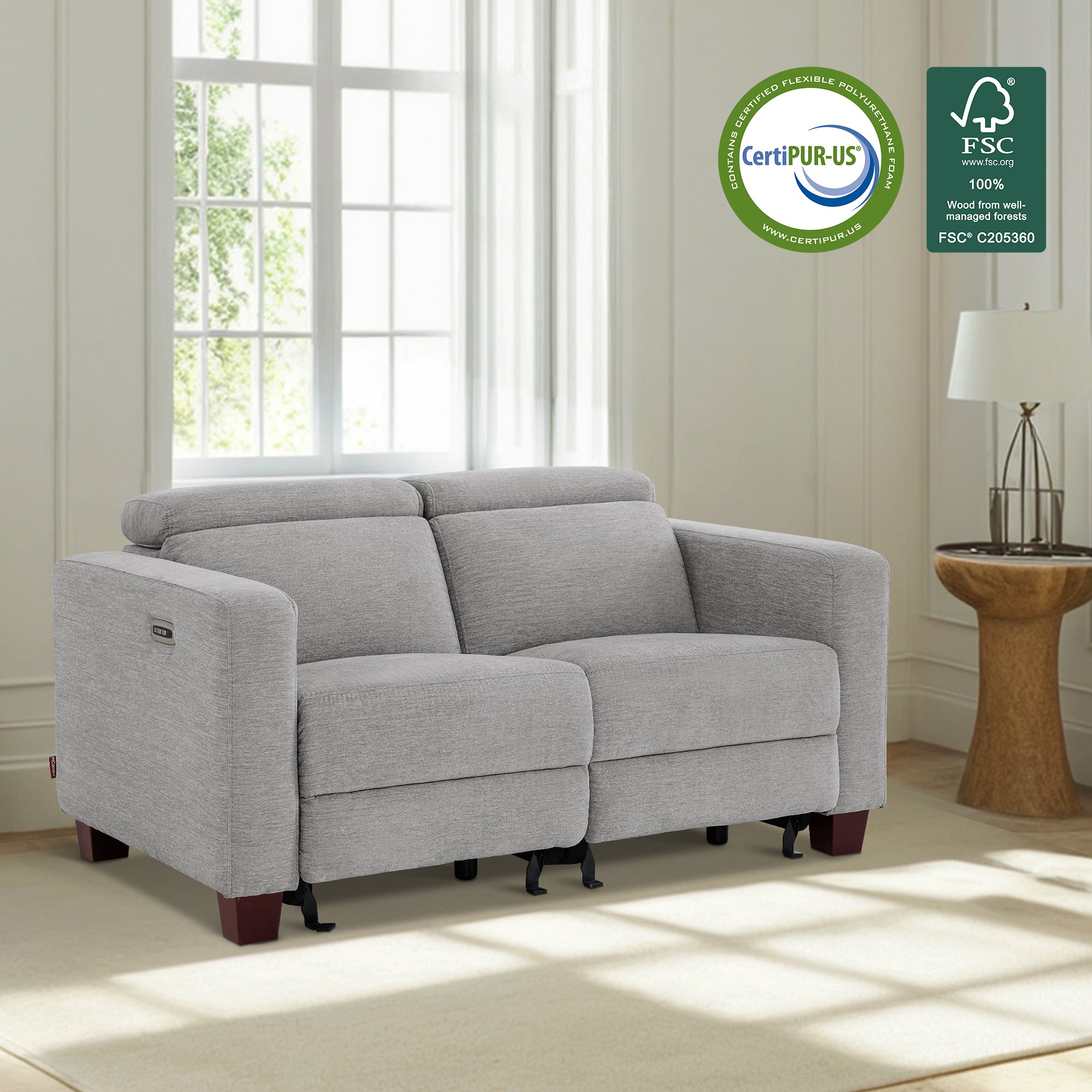 High Leg Reclining Loveseat with Adjustable Headrest, Fabric HL198