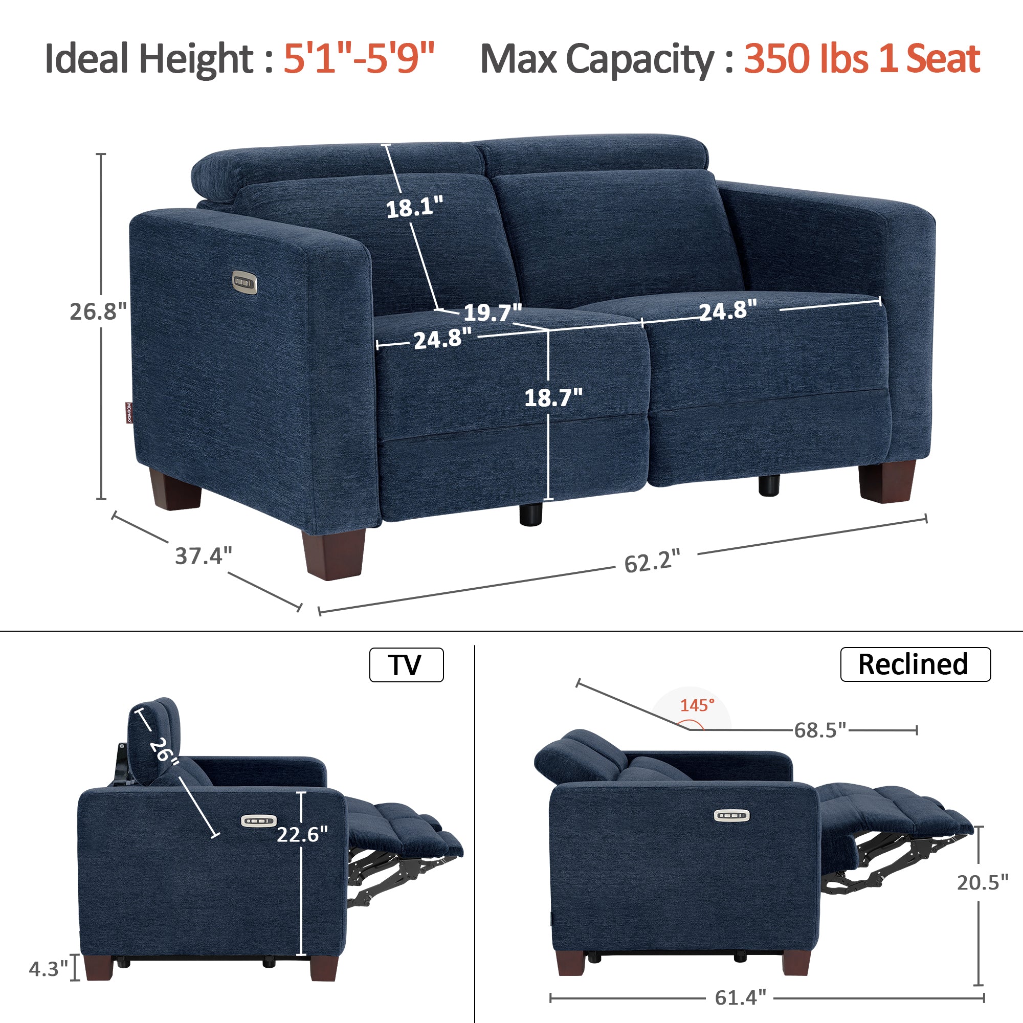 High Leg Reclining Loveseat with Adjustable Headrest, Fabric HL198