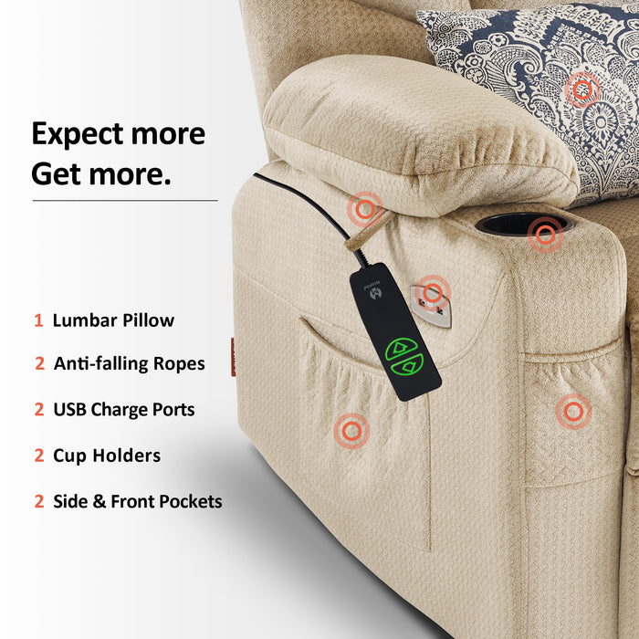 Mcombo Power Lift Recliner Chair Sofa for Elderly, 3 Positions, 2 Side Pockets and Cup Holders, USB Ports, Fabric 7286