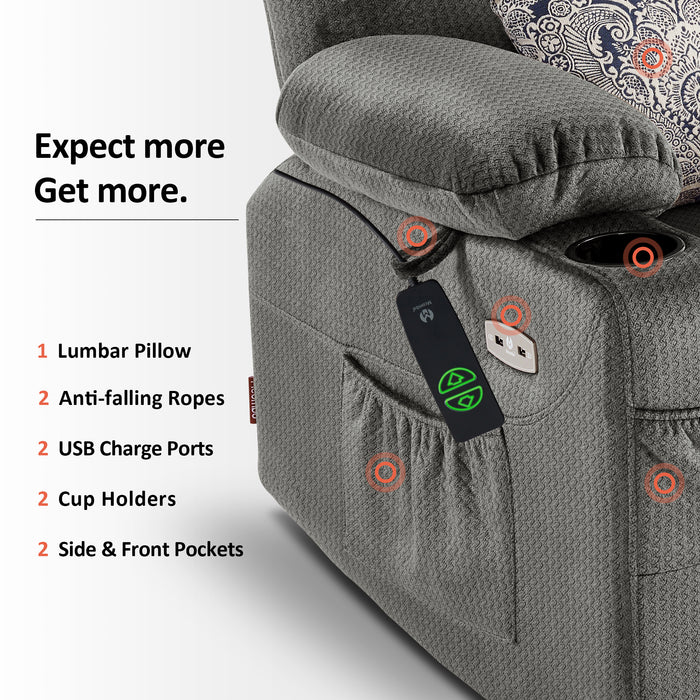 Mcombo Power Lift Recliner Chair Sofa for Elderly, 3 Positions, 2 Side Pockets and Cup Holders, USB Ports, Fabric 7286