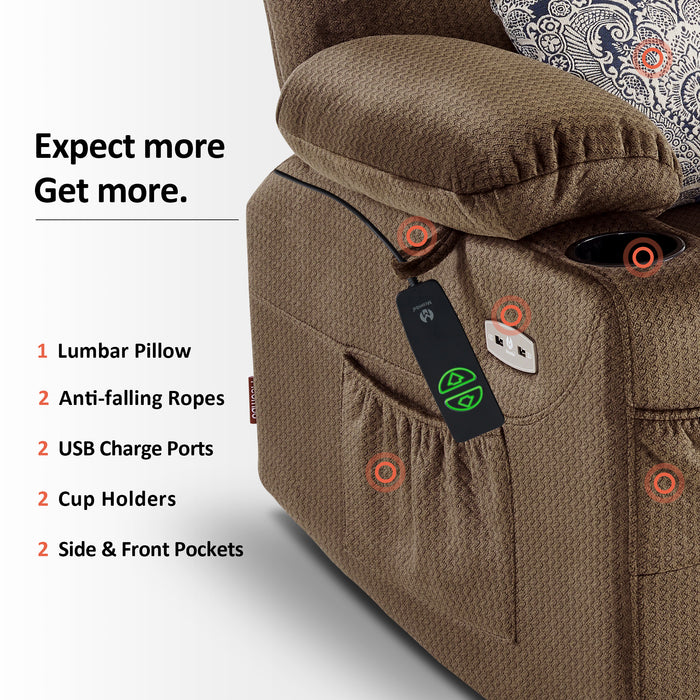 Mcombo Power Lift Recliner Chair Sofa for Elderly, 3 Positions, 2 Side Pockets and Cup Holders, USB Ports, Fabric 7286