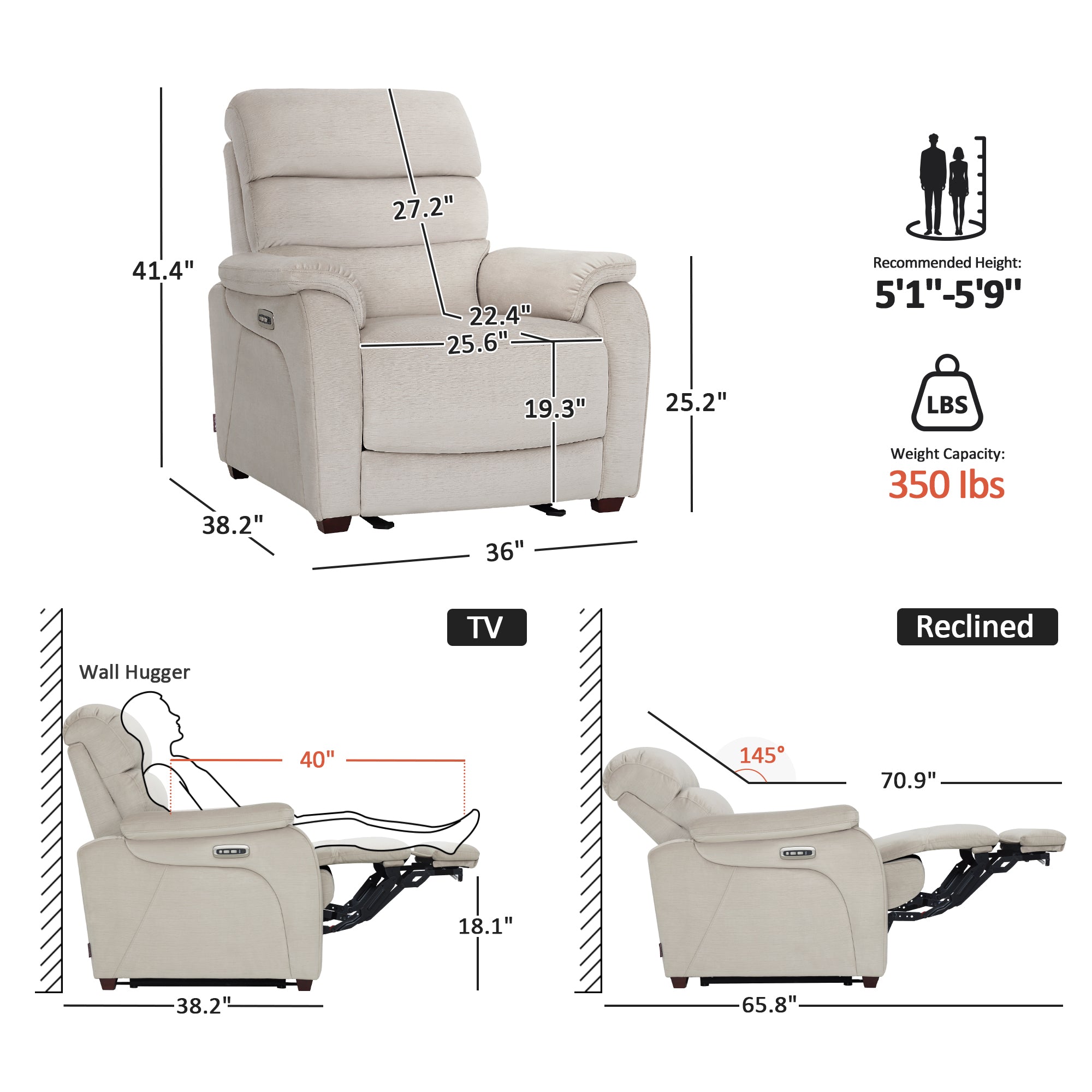 Zero Wall-Hugger Power Recliner Chair, Small Spaces and RV, Fabric ST257