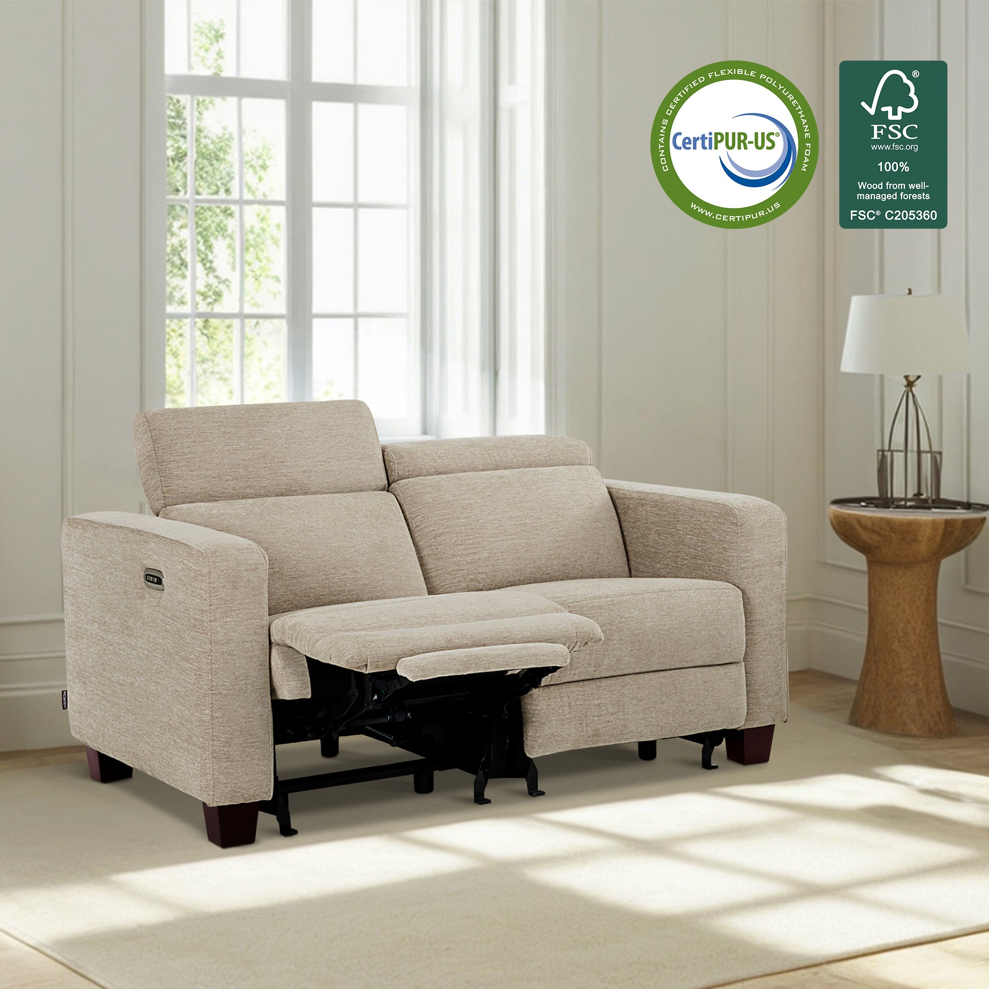 High Leg Reclining Loveseat with Adjustable Headrest, Fabric HL198