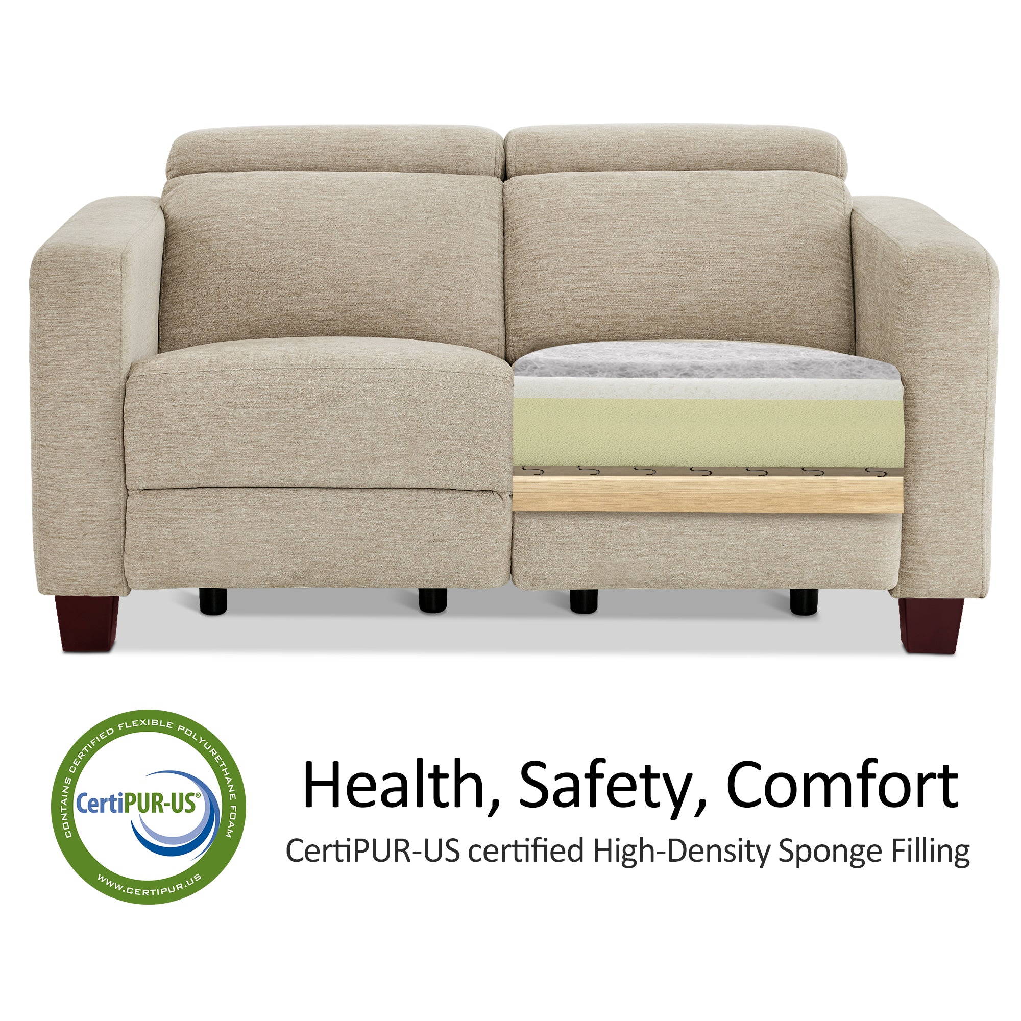 High Leg Reclining Loveseat with Adjustable Headrest, Fabric HL198