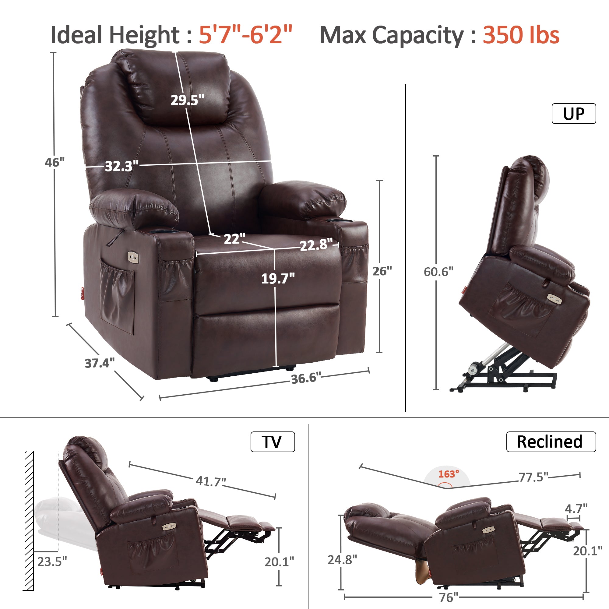 Power Lift Recliner Chair for Elderly, Dual Motor, Massage and Heat, Faux Leather 7815