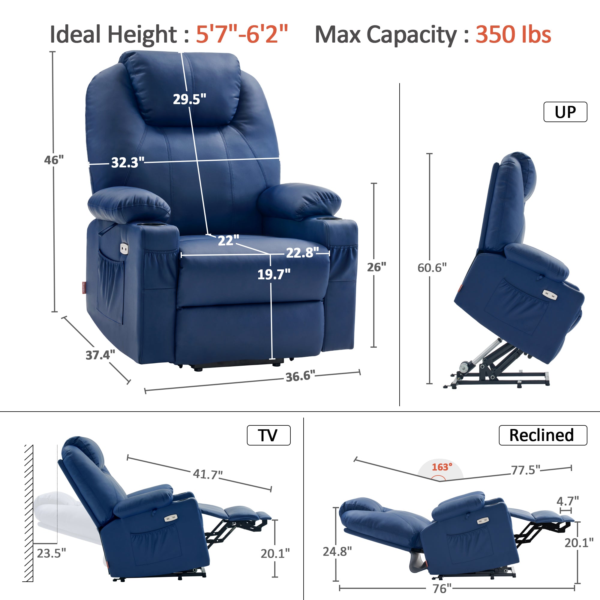 Power Lift Recliner Chair for Elderly, Dual Motor, Massage and Heat, Faux Leather 7815
