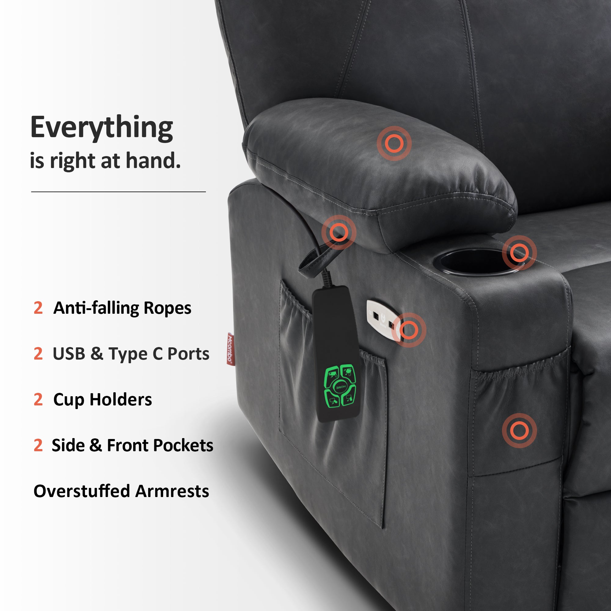 Power Lift Recliner Chair for Elderly, Dual Motor, Massage and Heat, Faux Leather 7815