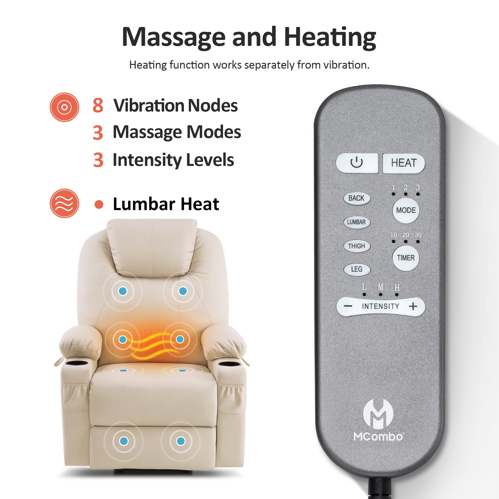 Power Lift Recliner Chair for Elderly, Dual Motor, Massage and Heat, Faux Leather 7815