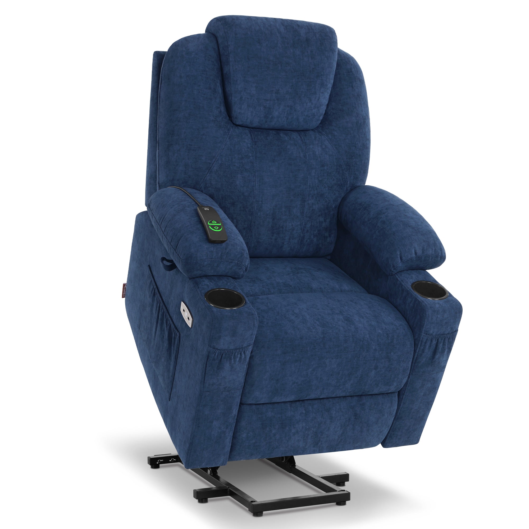 A gray power lift recliner chair with massage and heat features, fabric upholstery, and a remote control.