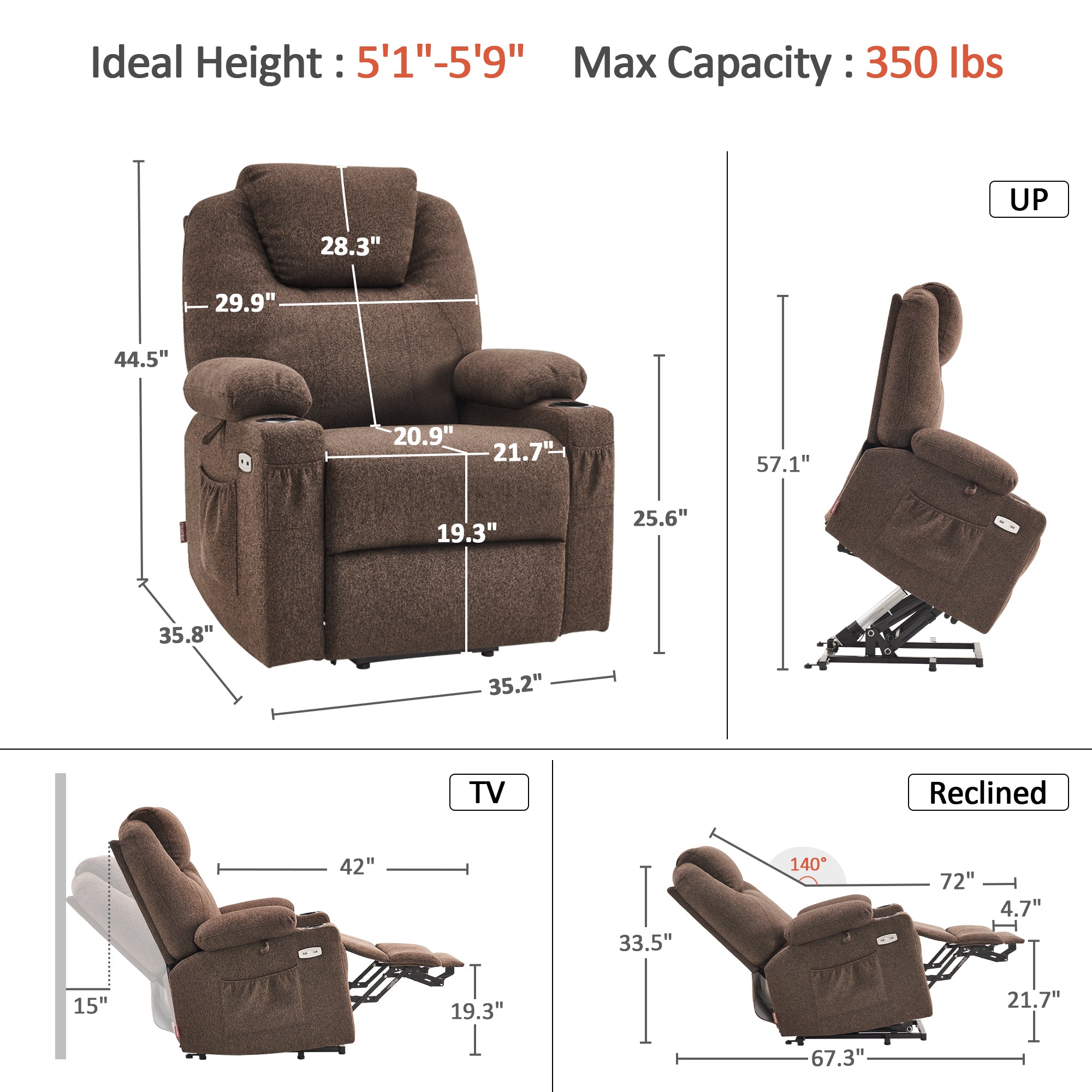 Power Lift Recliner Chair for Elderly, Massage and Heat, Fabric 7040|7516|7141|R7042|R7045|R7510