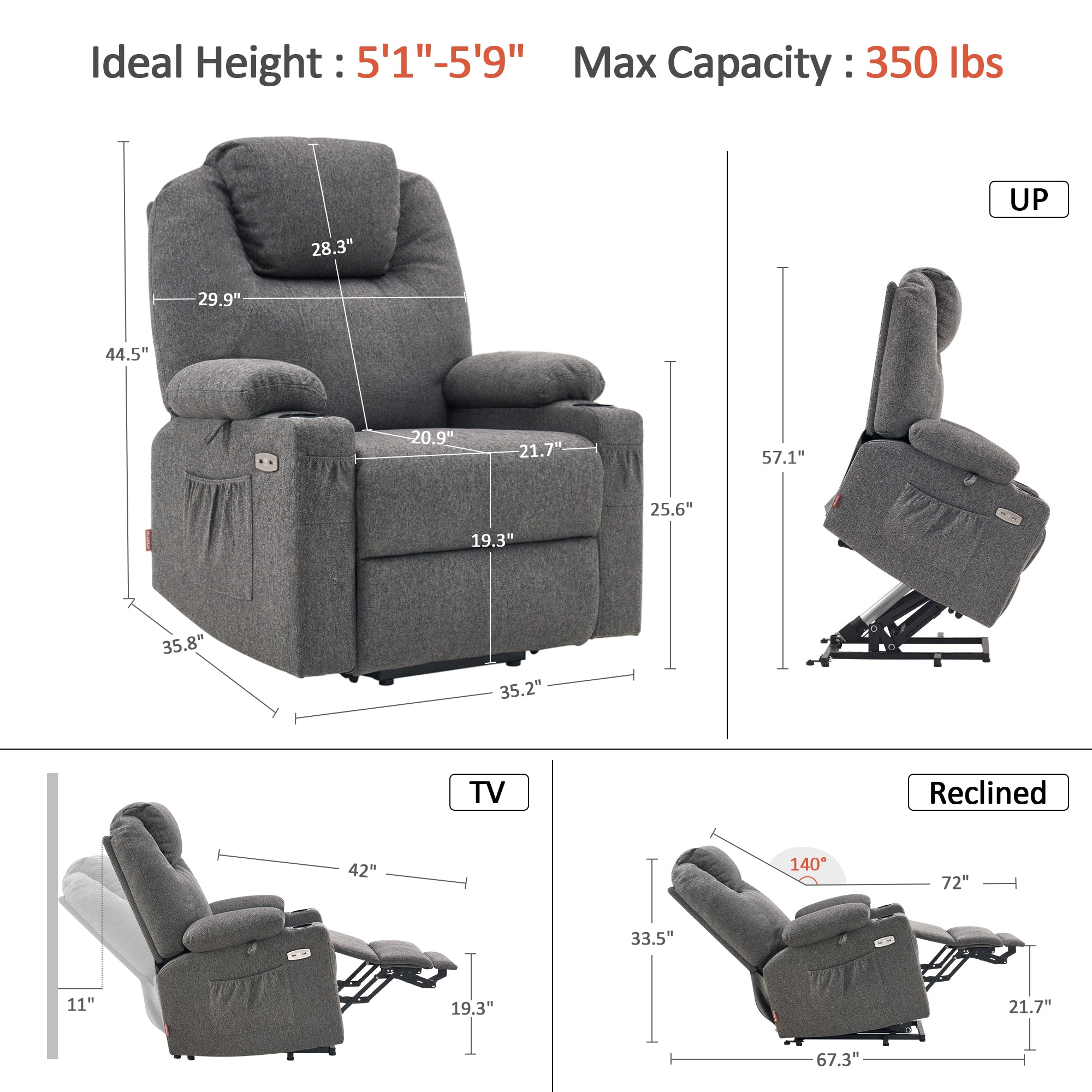 Power Lift Recliner Chair for Elderly, Massage and Heat, Fabric 7040|7516|7141