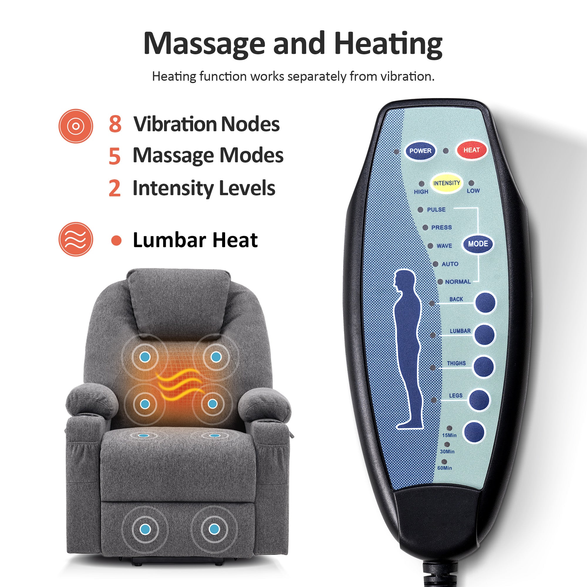 Power Lift Recliner Chair for Elderly, Massage and Heat, Fabric 7040|7516|7141