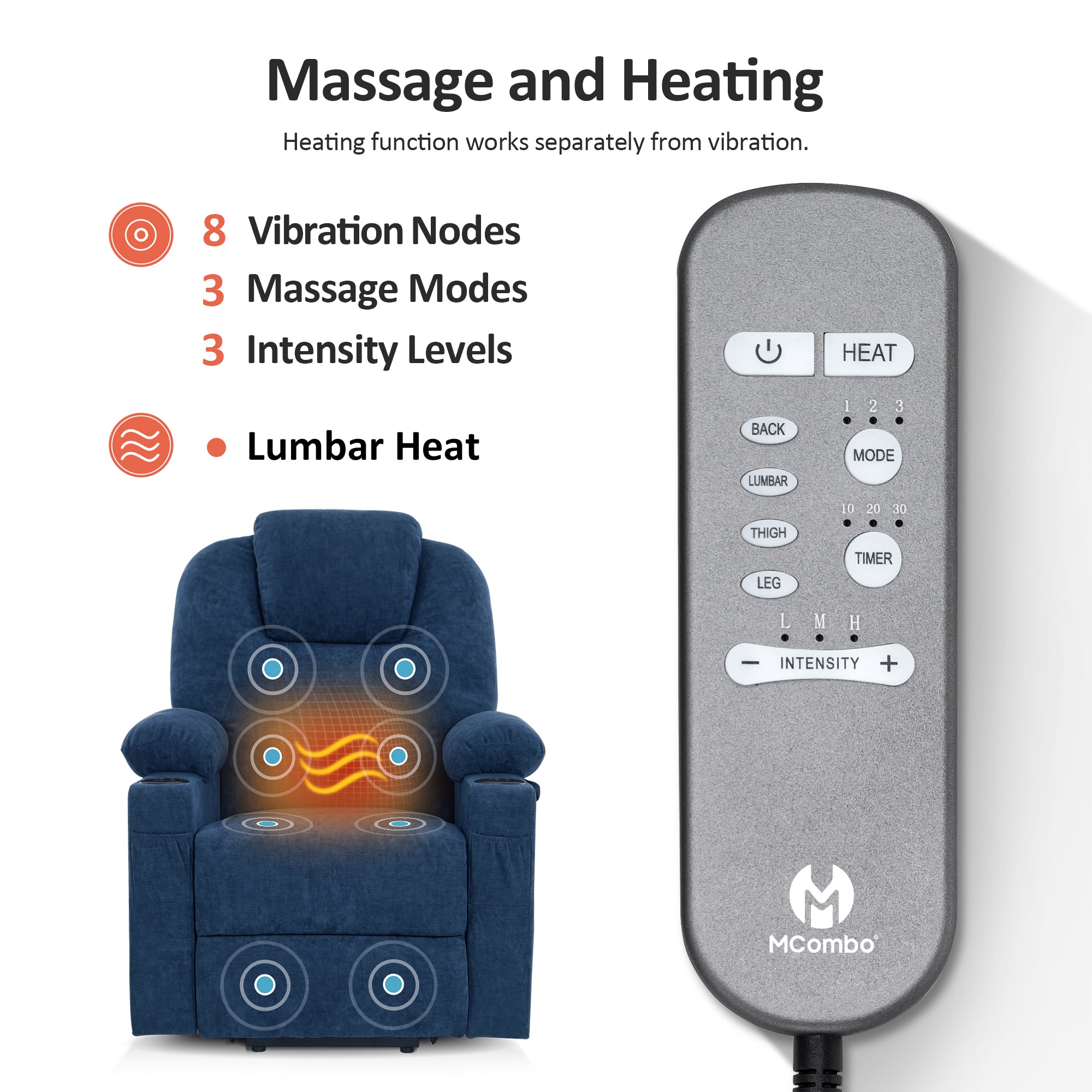 Power Lift Recliner Chair for Elderly, Massage and Heat, Fabric 7040|7516|7141