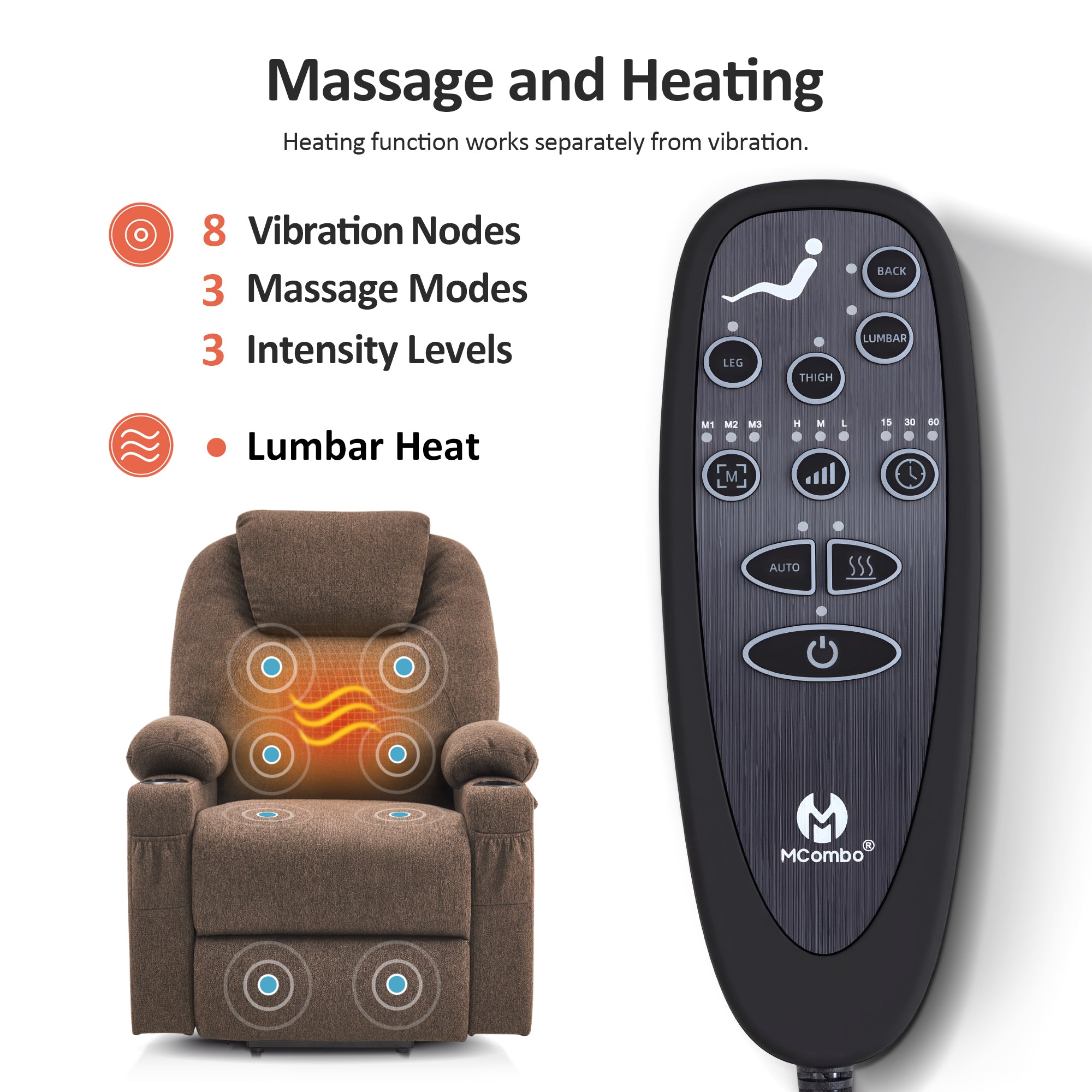 Power Lift Recliner Chair for Elderly, Massage and Heat, Fabric 7040|7516|7141|R7042|R7045|R7510