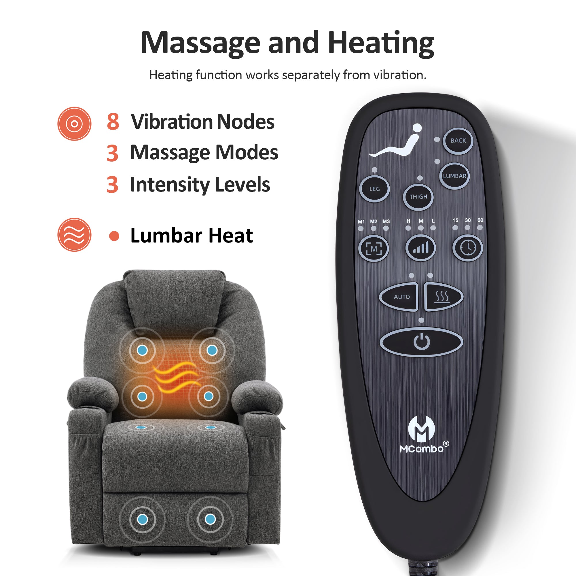 Power Lift Recliner Chair for Elderly, Massage and Heat, Fabric 7040|7516|7141|R7042|R7045|R7510