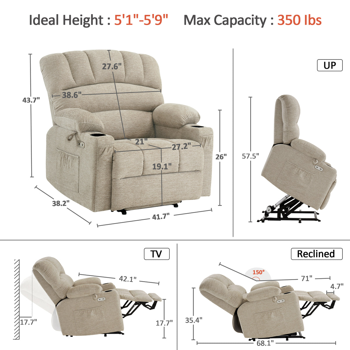 Power Lift Recliner Chair, Massage and Heat, Fabric 7095|7099|R7092|R7096