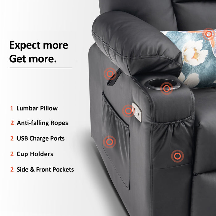 Mcombo Power Lift Recliner Chair with Massage and Heat for Elderly, Extended Footrest, 3 Positions, Lumbar Pillow, Cup Holders, USB Ports, Faux Leather Medium(#7519)