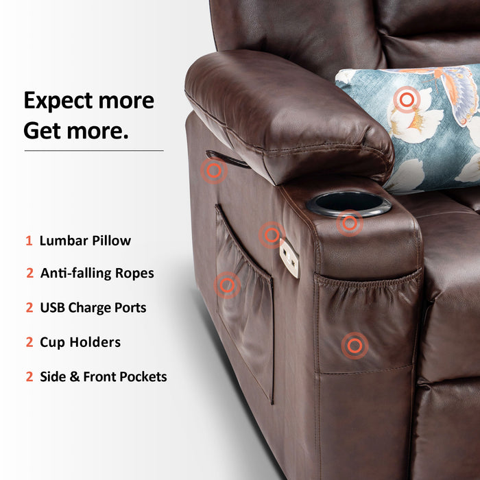 Mcombo Power Lift Recliner Chair with Massage and Heat for Elderly, Extended Footrest, 3 Positions, Lumbar Pillow, Cup Holders, USB Ports, Faux Leather Medium(#7519)