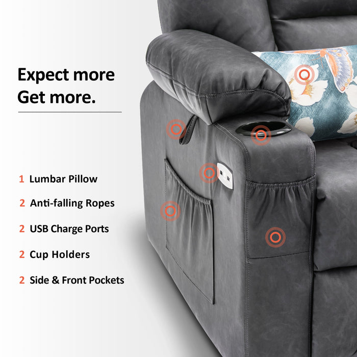 Mcombo Power Lift Recliner Chair with Massage and Heat for Elderly, Extended Footrest, 3 Positions, Lumbar Pillow, Cup Holders, USB Ports, Faux Leather Medium(#7519)