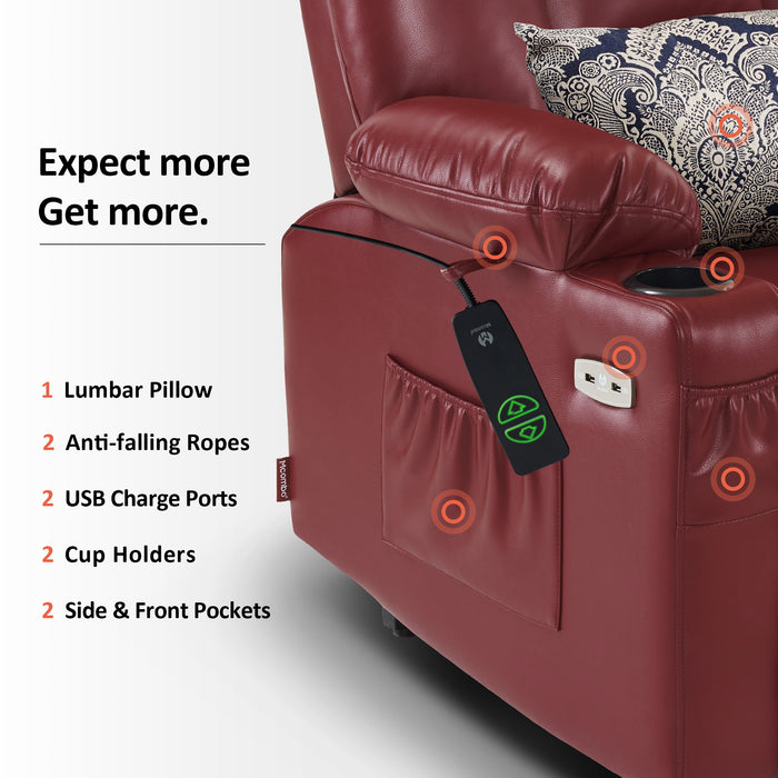 Mcombo Power Lift Recliner Chair with Massage and Heat for Elderly, Extended Footrest, 3 Positions, Lumbar Pillow, Cup Holders, USB Ports, Faux Leather Medium(#7519)