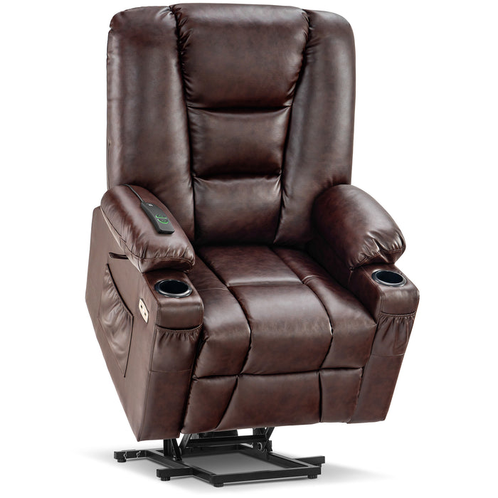 Mcombo Power Lift Recliner Chair with Massage and Heat for Elderly, Extended Footrest, 3 Positions, Lumbar Pillow, Cup Holders, USB Ports, Faux Leather Large(#7539)