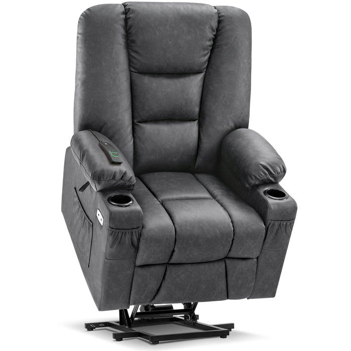 Mcombo Power Lift Recliner Chair with Massage and Heat for Elderly, Extended Footrest, 3 Positions, Lumbar Pillow, Cup Holders, USB Ports, Faux Leather Large(#7539)