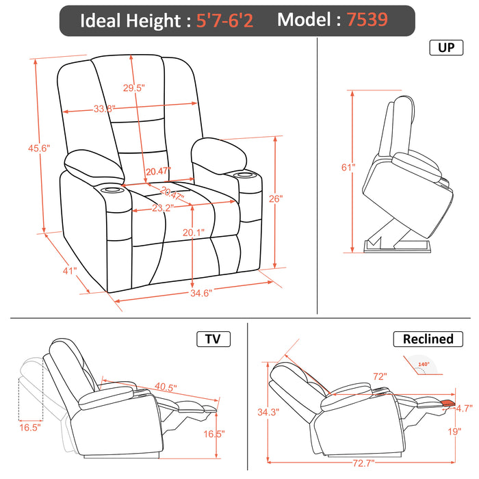 Mcombo Power Lift Recliner Chair with Massage and Heat for Elderly, Extended Footrest, 3 Positions, Lumbar Pillow, Cup Holders, USB Ports, Faux Leather Large(#7539)