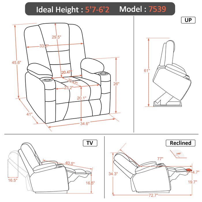 Mcombo Power Lift Recliner Chair with Massage and Heat for Elderly, Extended Footrest, 3 Positions, Lumbar Pillow, Cup Holders, USB Ports, Faux Leather Large(#7539)