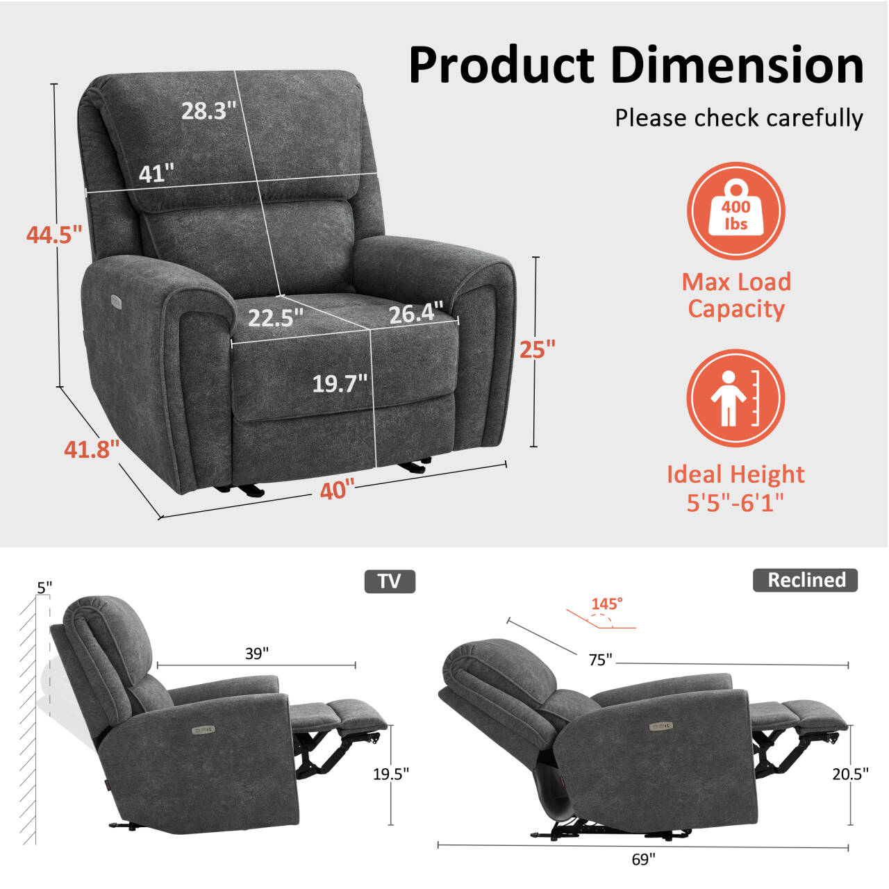 MCombo Power Recliner Chair Oversized 400 Pounds, Electric Recliner Chairs for Adults, Oversized Recliner Sofa Chair for Home, Living Room, Bedroom OE675 (Recommended Height: 5'5"-6'1")