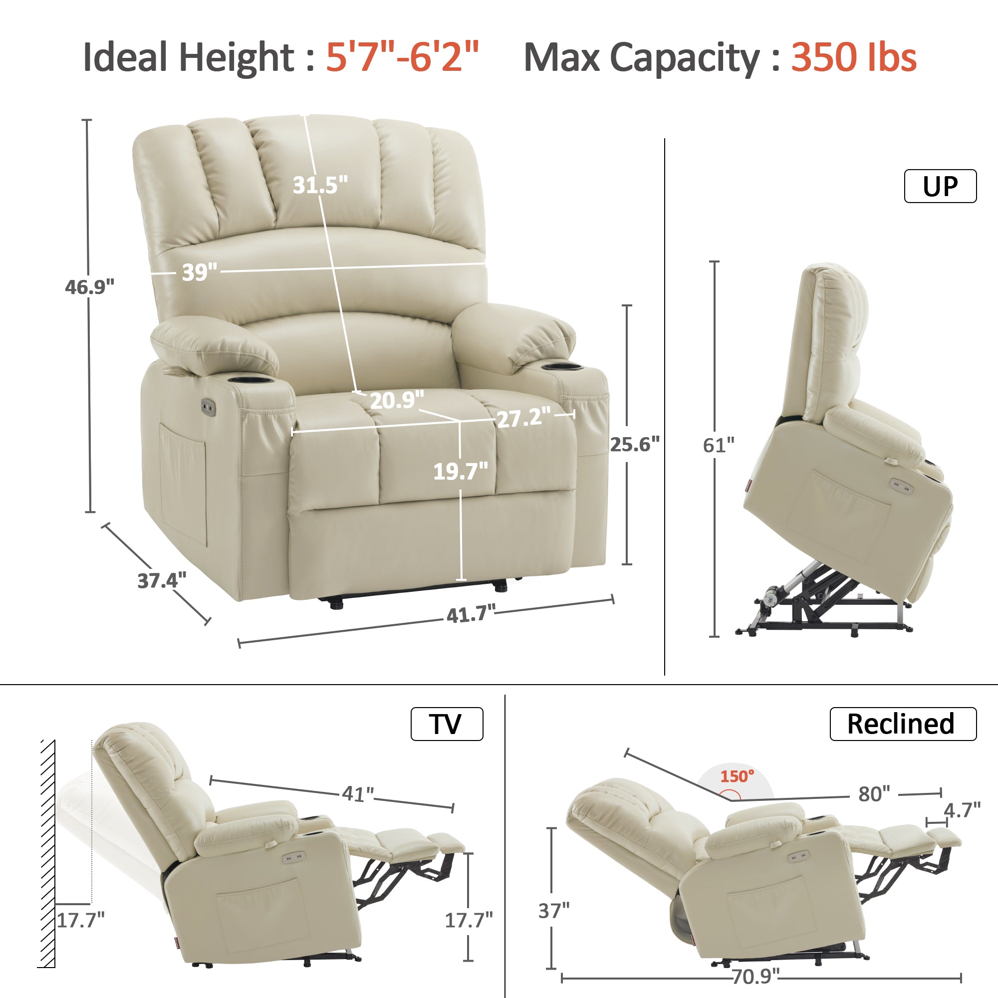 Power Lift Recliner Chair, Massage and Heat, Faux Leather 7095|7099|R7092|R7096
