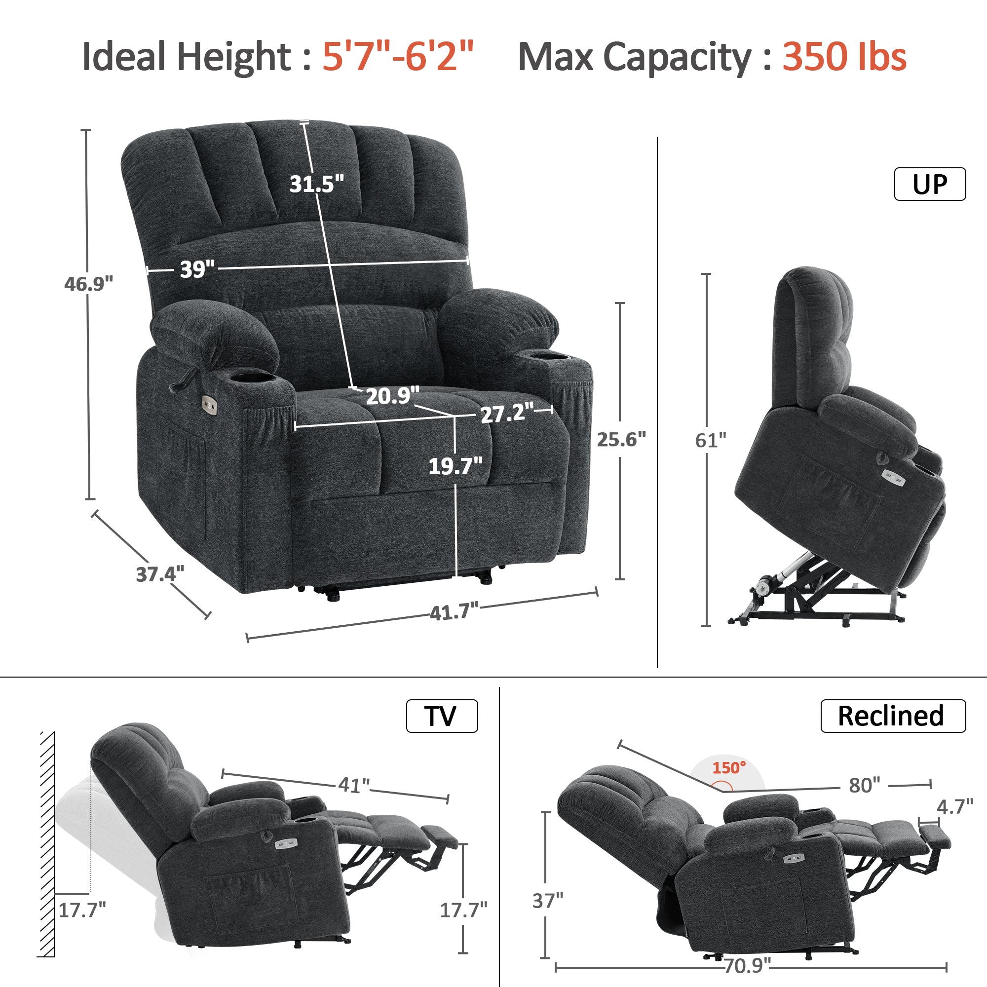 Power Lift Recliner Chair for Elderly, Massage and Heat, Fabric 7095|R7092|R7096|R7093