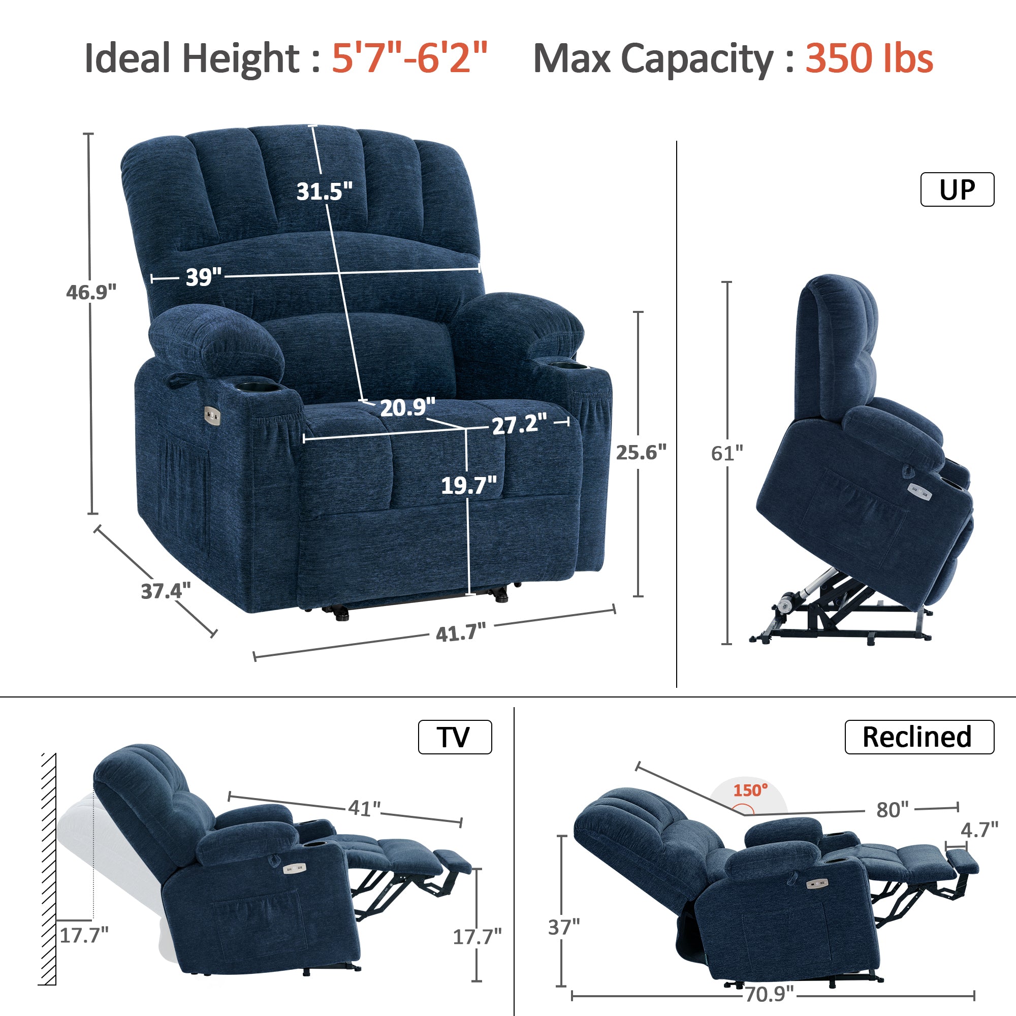 Power Lift Recliner Chair for Elderly, Massage and Heat, Fabric 7095|R7092|R7096|R7093