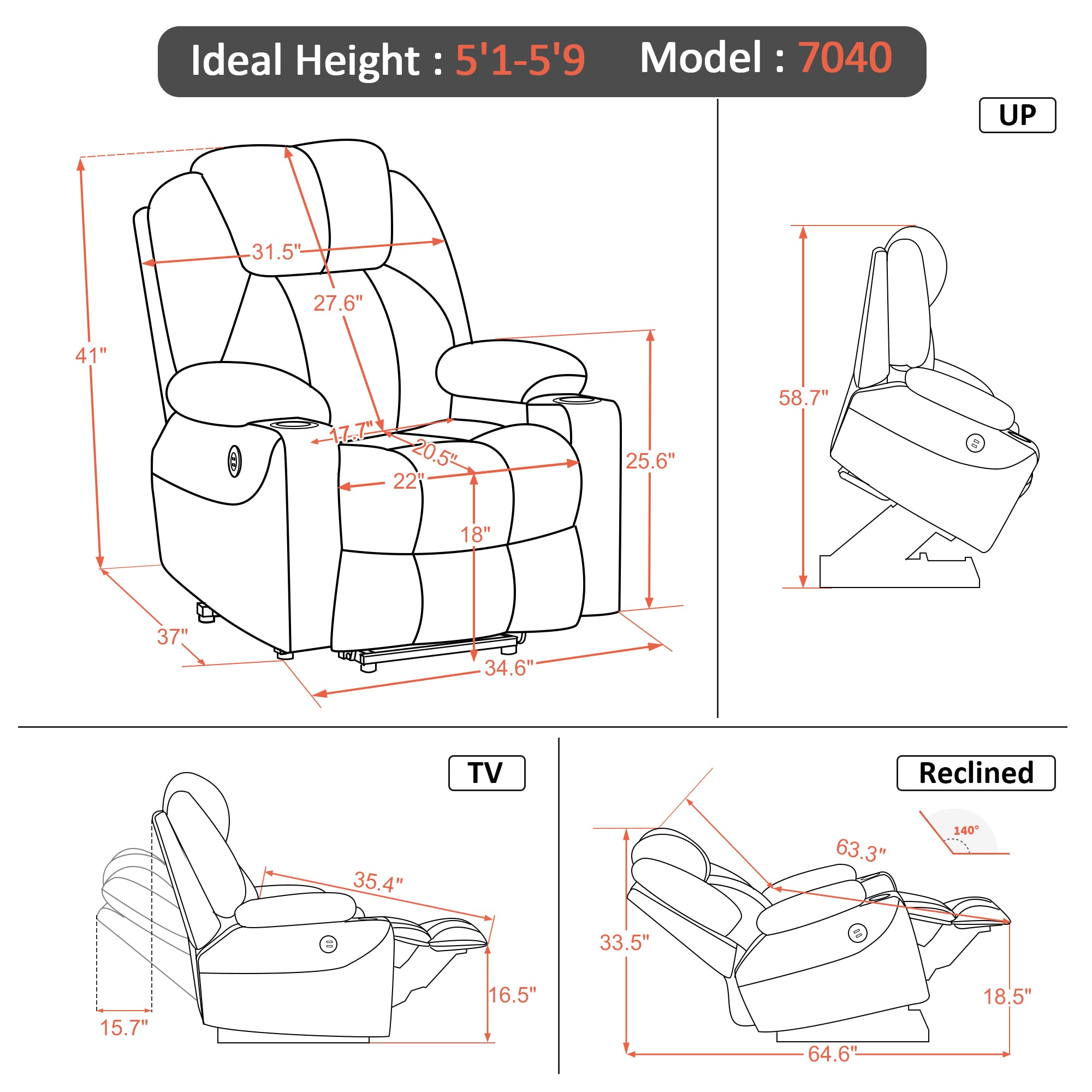 Power Lift Recliner Chair for Elderly, Massage and Heat, Fabric 7040|7516|7141