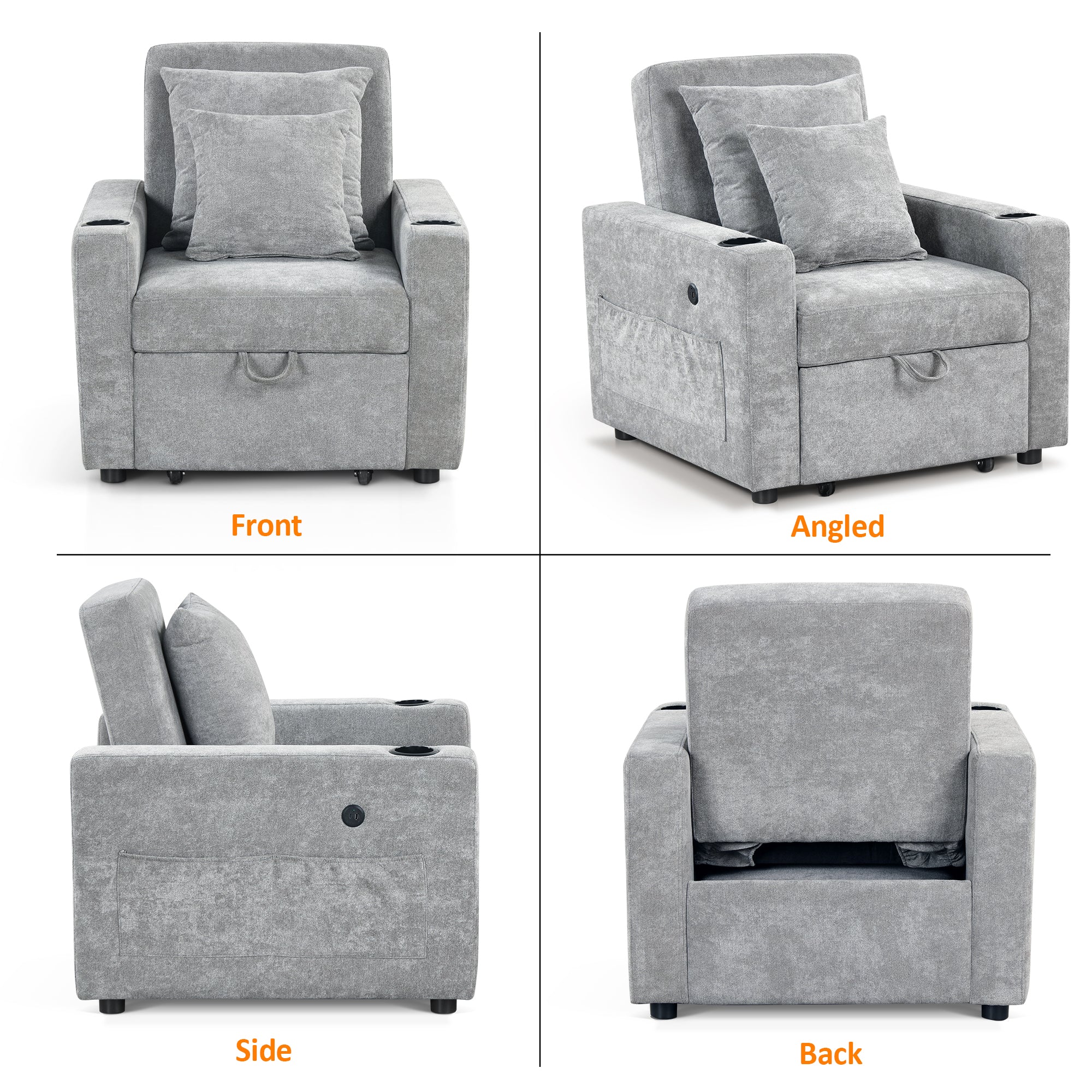 MCombo Convertible Sleeper Chair Bed, 3-in-1 Folding Sofa Chair with Adjustable Backrest, Pull-Out Bed with USB Port, Cup Holders, Linen Fabric, for Small Spaces Living Room Guest Room Office VN6001