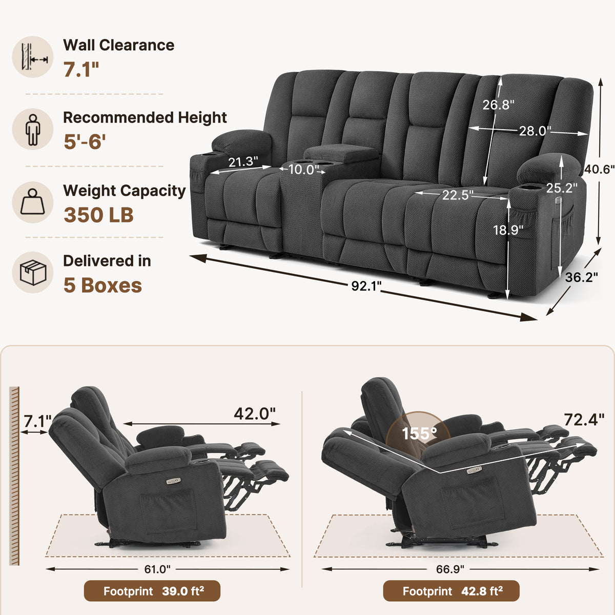 92 in 3 Seater Reclining Sofa with Storage Console 6034M4