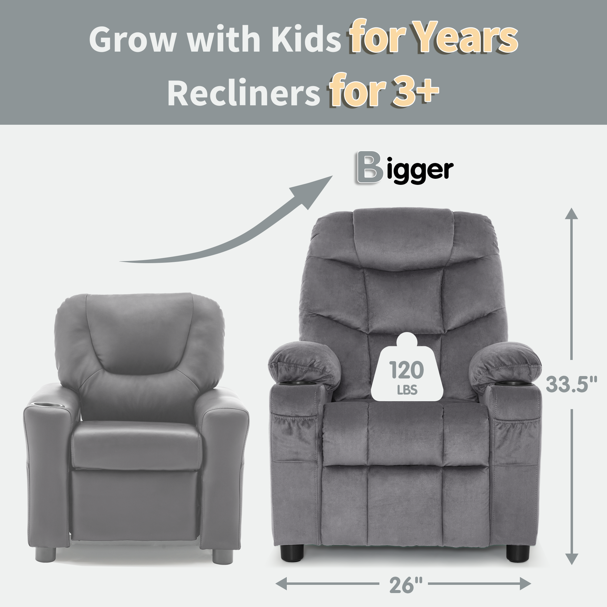 Big Kids Recliner Chair, Velvet Fabric 7355|7366