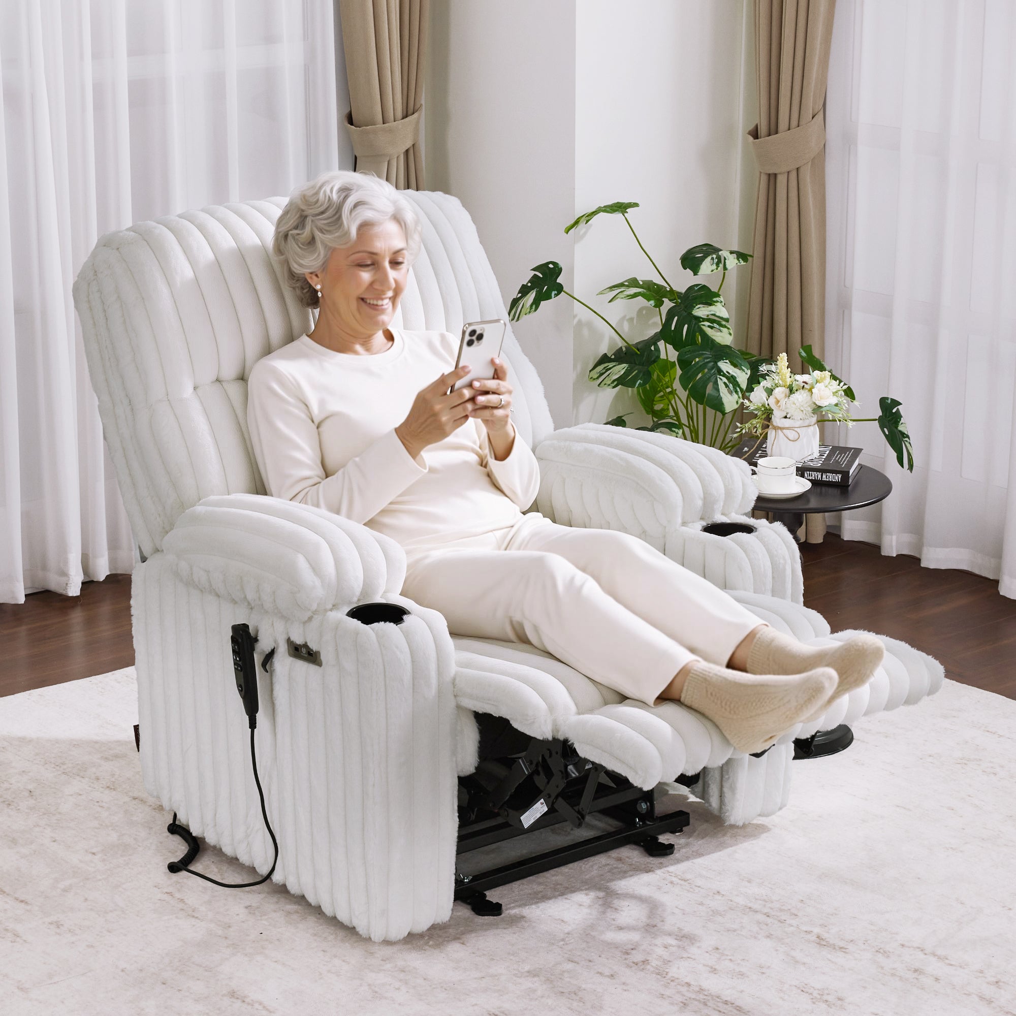 180° Lay Flat Power Lift Recliner Chair for Elderly, Dual Motor Lift Chair with Full-Body Heating for Sleeping, Extra Wide Seat,Imitation Rabbit Fur R7123