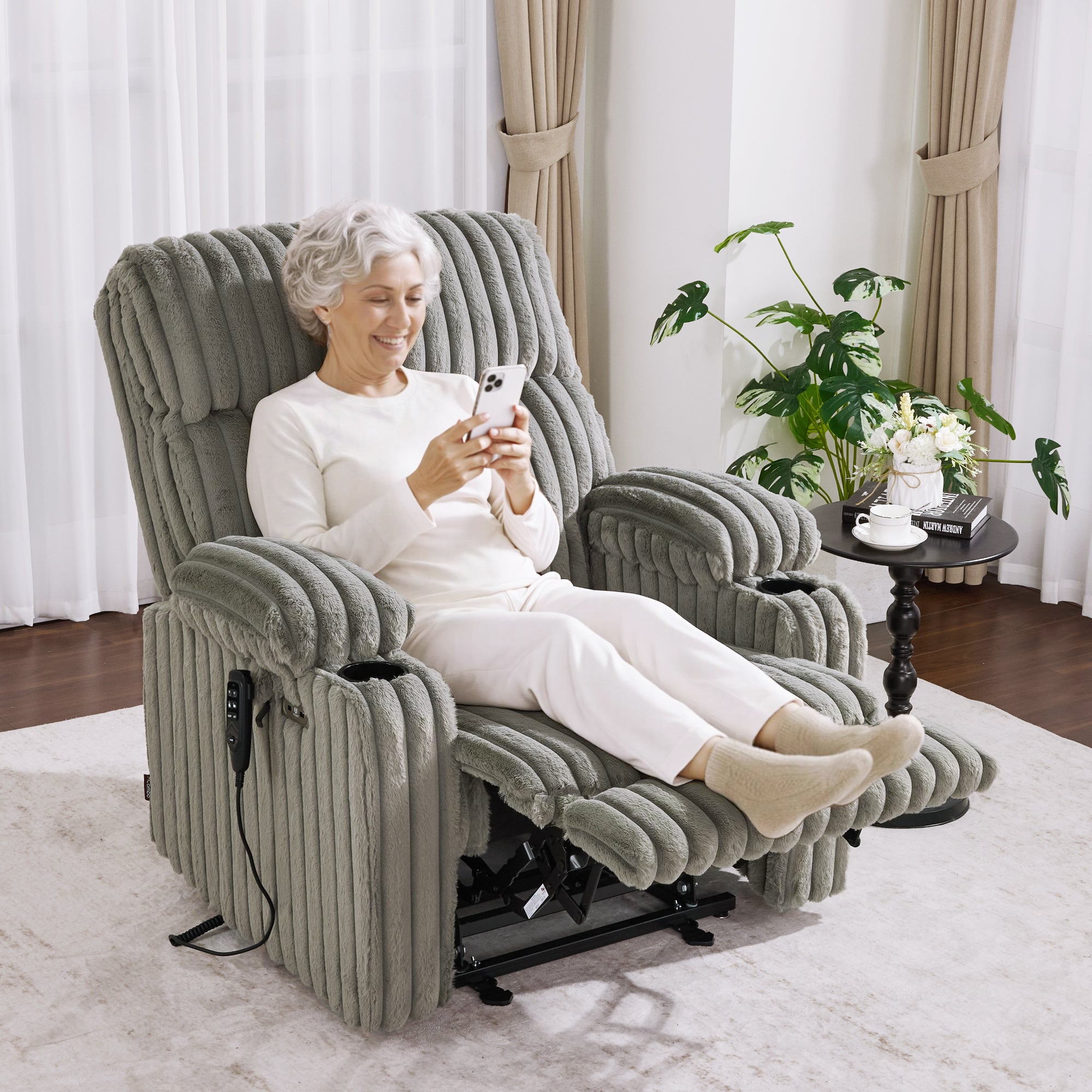180° Lay Flat Power Lift Recliner Chair for Elderly, Dual Motor Lift Chair with Full-Body Heating for Sleeping, Extra Wide Seat,Imitation Rabbit Fur R7123