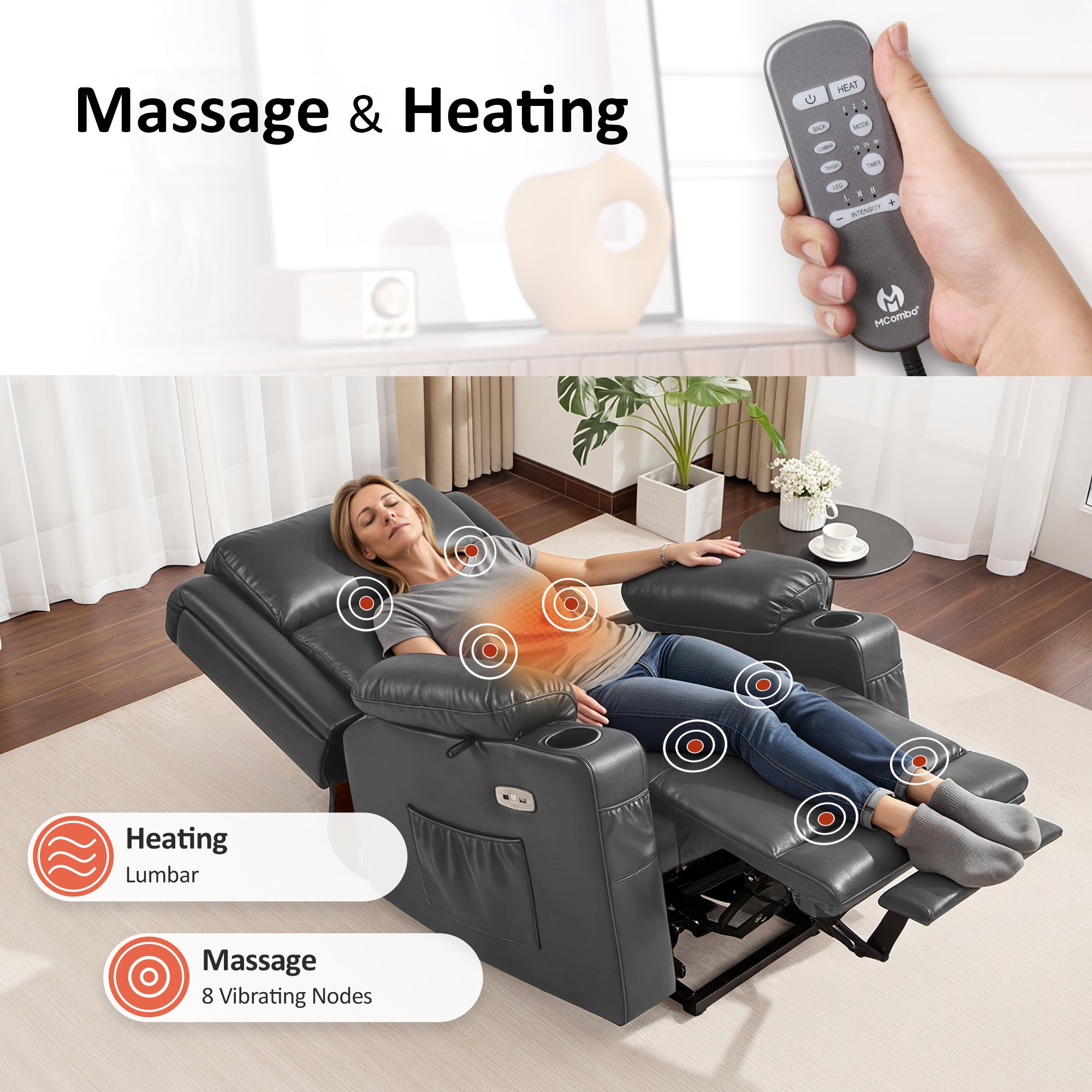 Power Lift Recliner Chair for Elderly, Triple Motor, Massage and Heat, Faux Leather 7661|7662