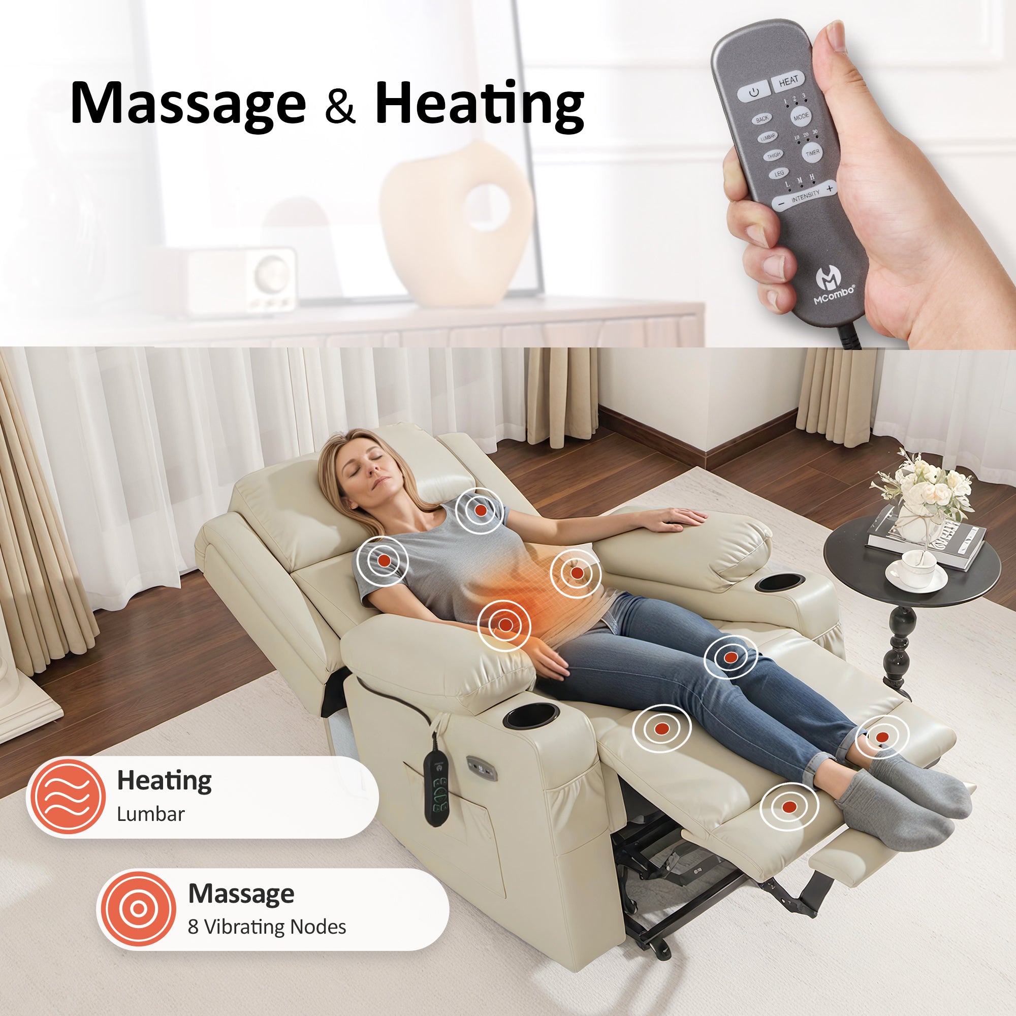 Power Lift Recliner Chair for Elderly, Triple Motor, Massage and Heat, Faux Leather 7661|7662