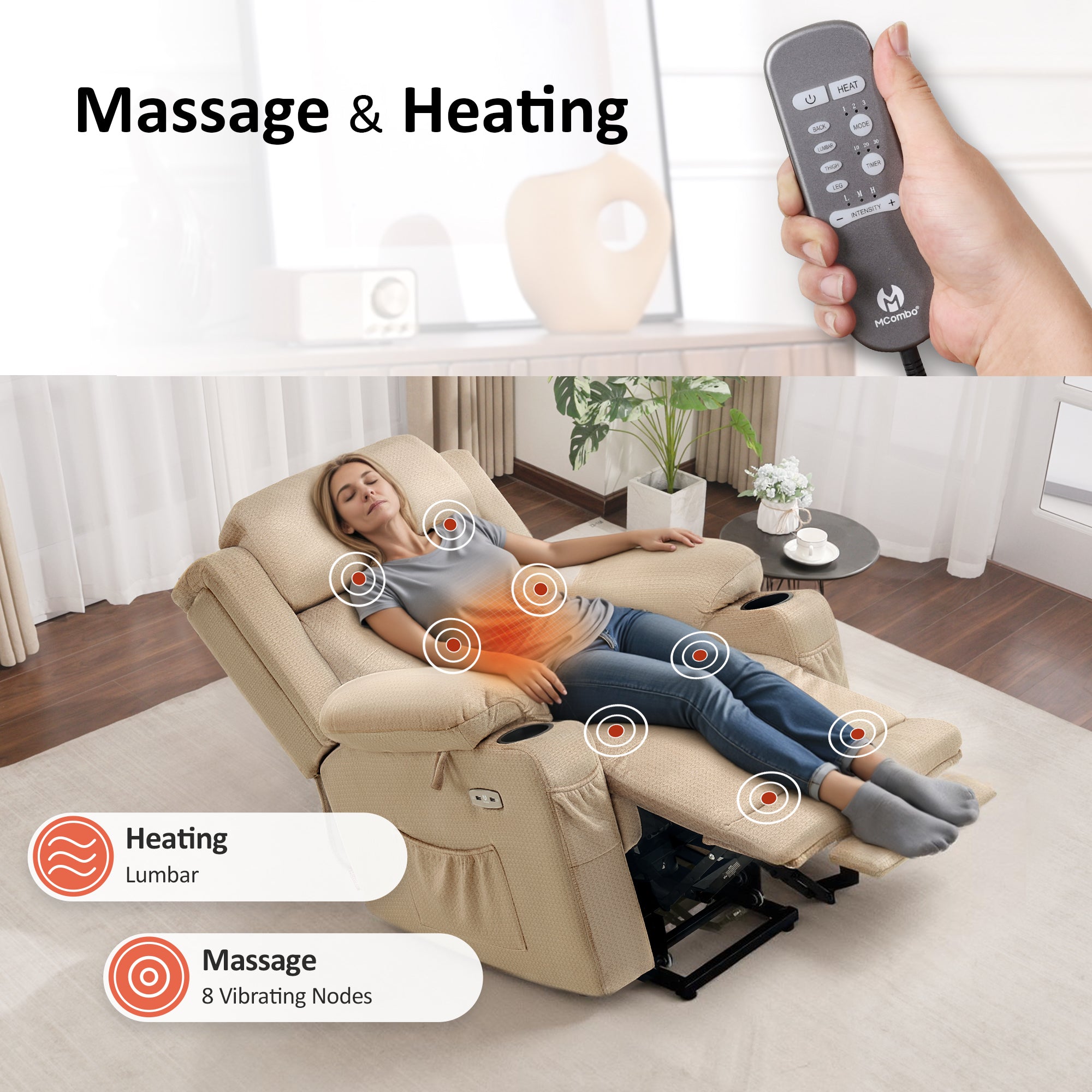 Power Lift Recliner Chair, Triple Motor, Massage and Heat, Fabric 7661|7662|7664