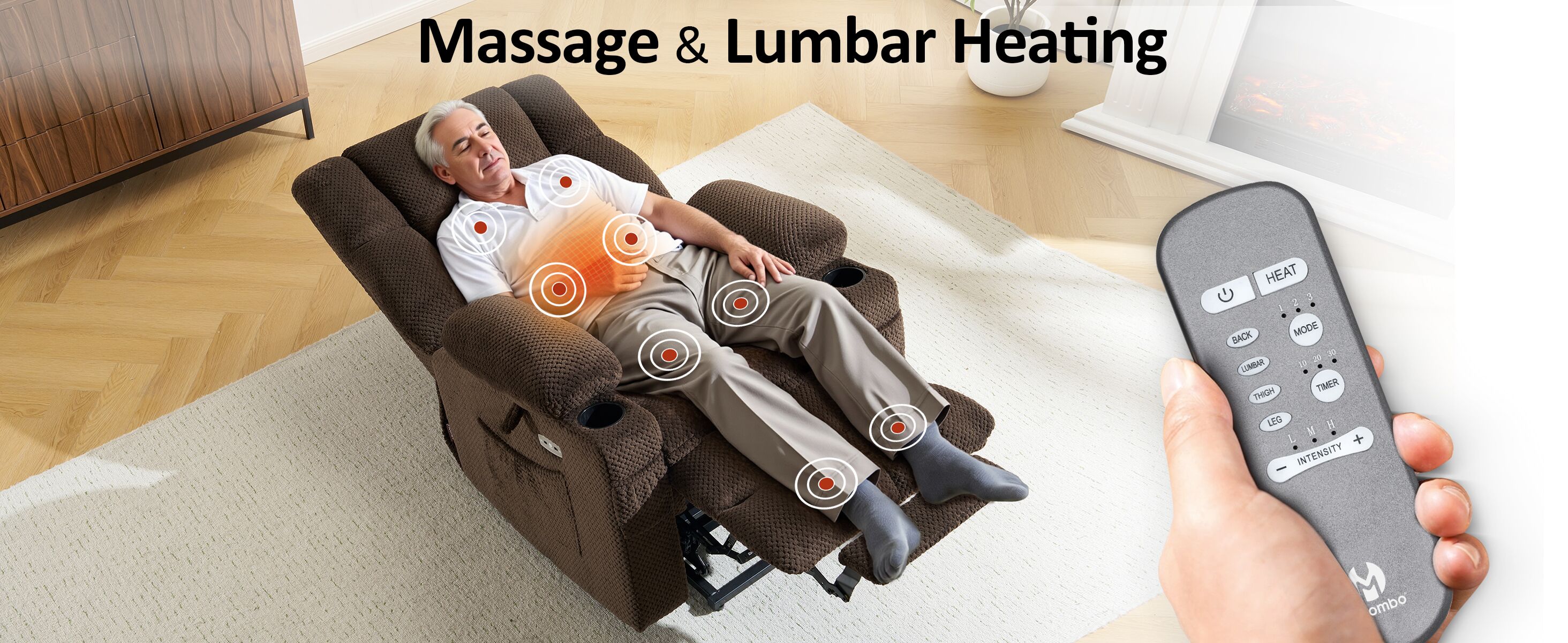 Man using a massage and lumbar heating chair with remote control
