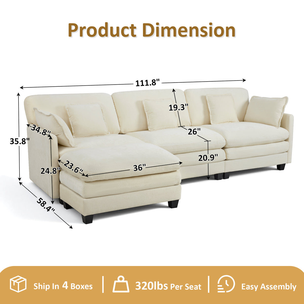 Loveseat Sofa Couch with Chaise Ottoman, L-Shaped Modular Sectional Sofa, SF068