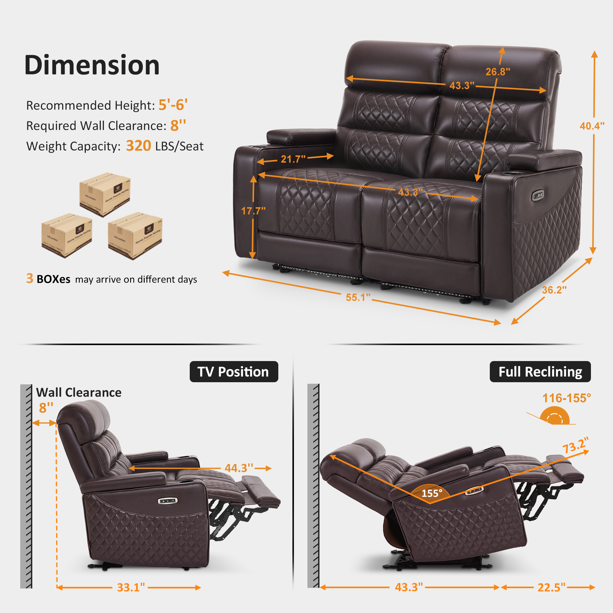 Power Reclining Loveseat, Home Theater Seating, Faux leather HTS470