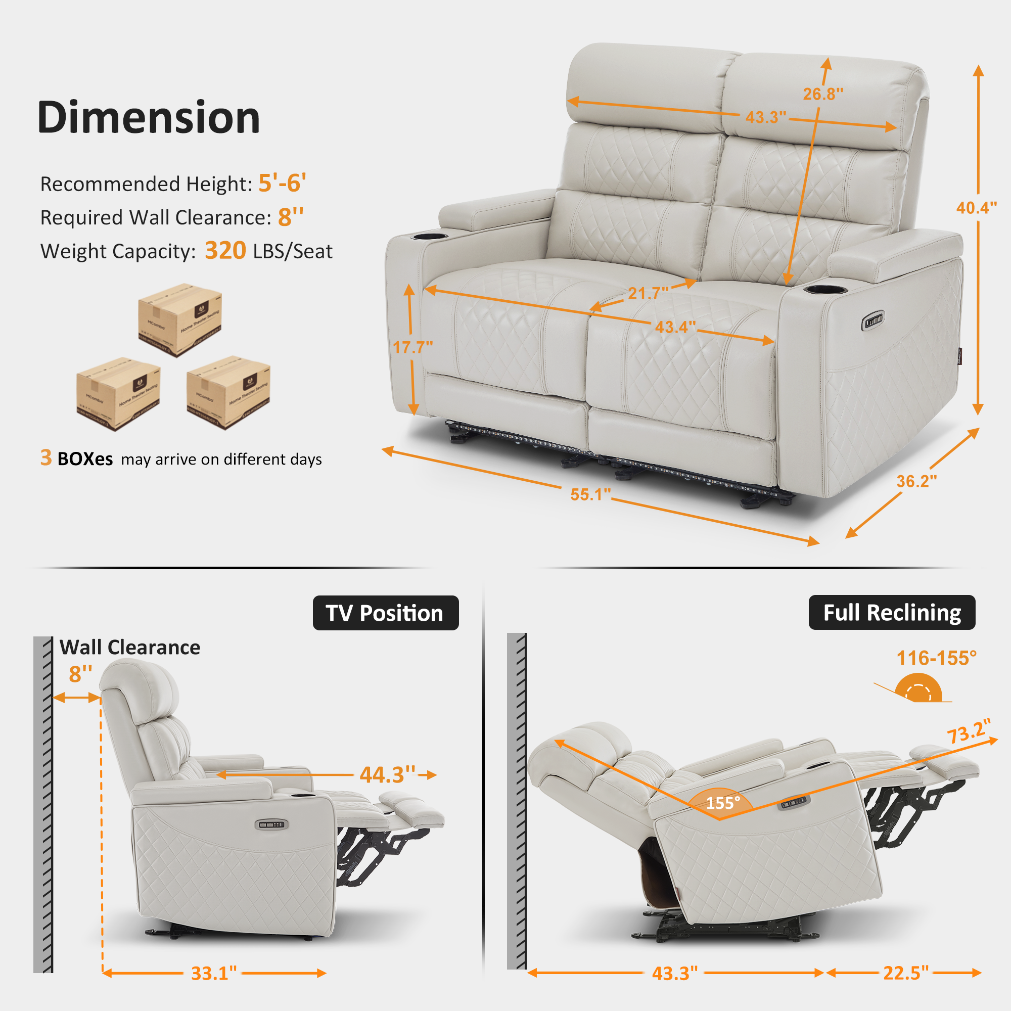 Power Reclining Loveseat, Home Theater Seating, Faux leather HTS470