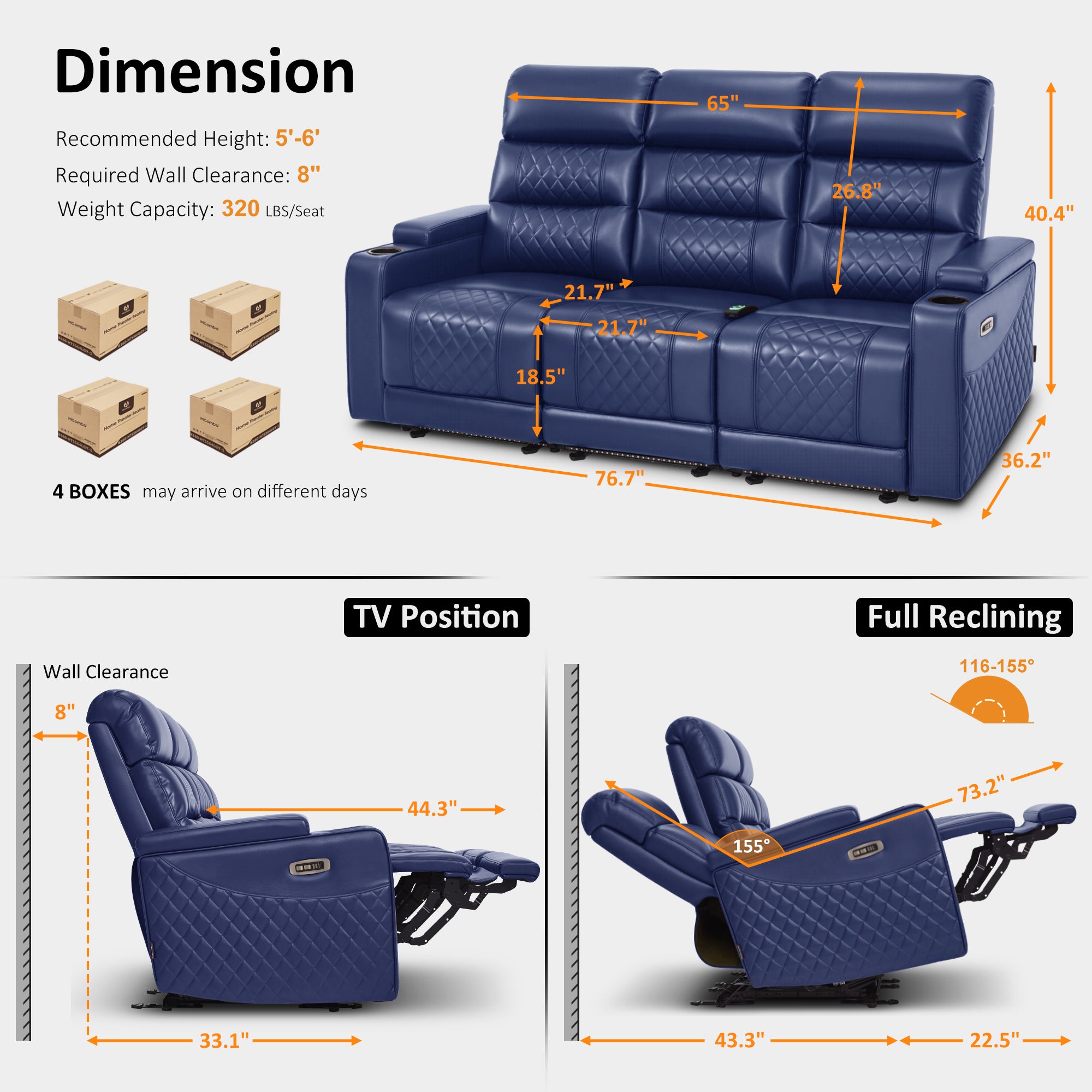 Power Reclining Sofa, Home Theater Seating, Faux leather HTS564