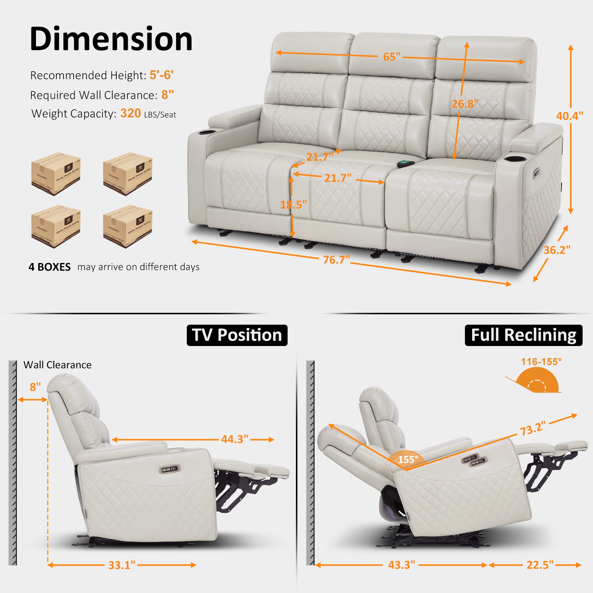 Power Reclining Sofa, Home Theater Seating, Faux leather HTS564