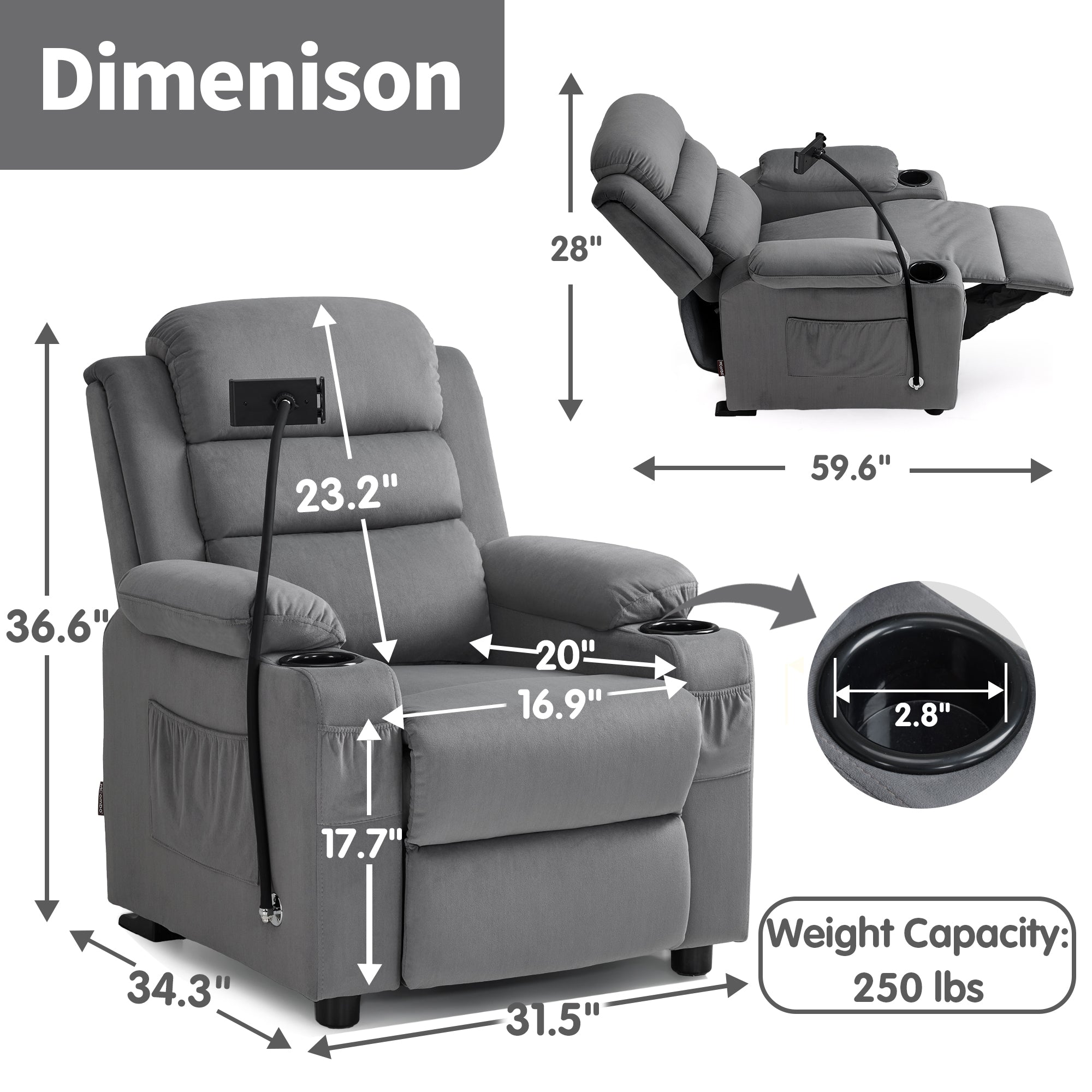 Bigger Kids Recliner for Ages 5+, Teens Recliner with iPad Stand, Child Reclining Chair with Cup Holders 7377